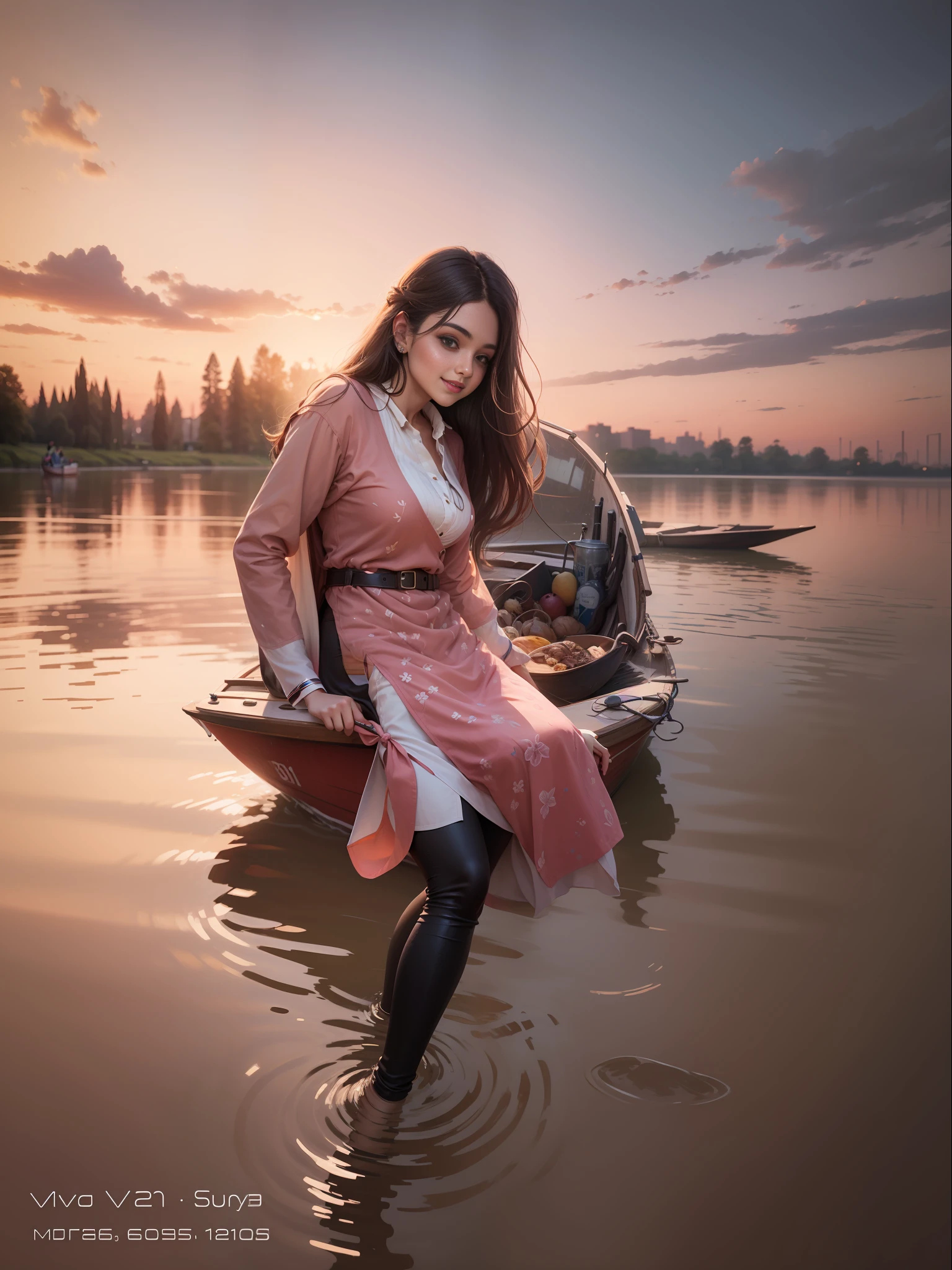 Girl with sharp eyes and long hair . 8k super realistic and detailed picture. Sitting on a boat in a river. wearing a pink kurti. staring at sky. smiling.