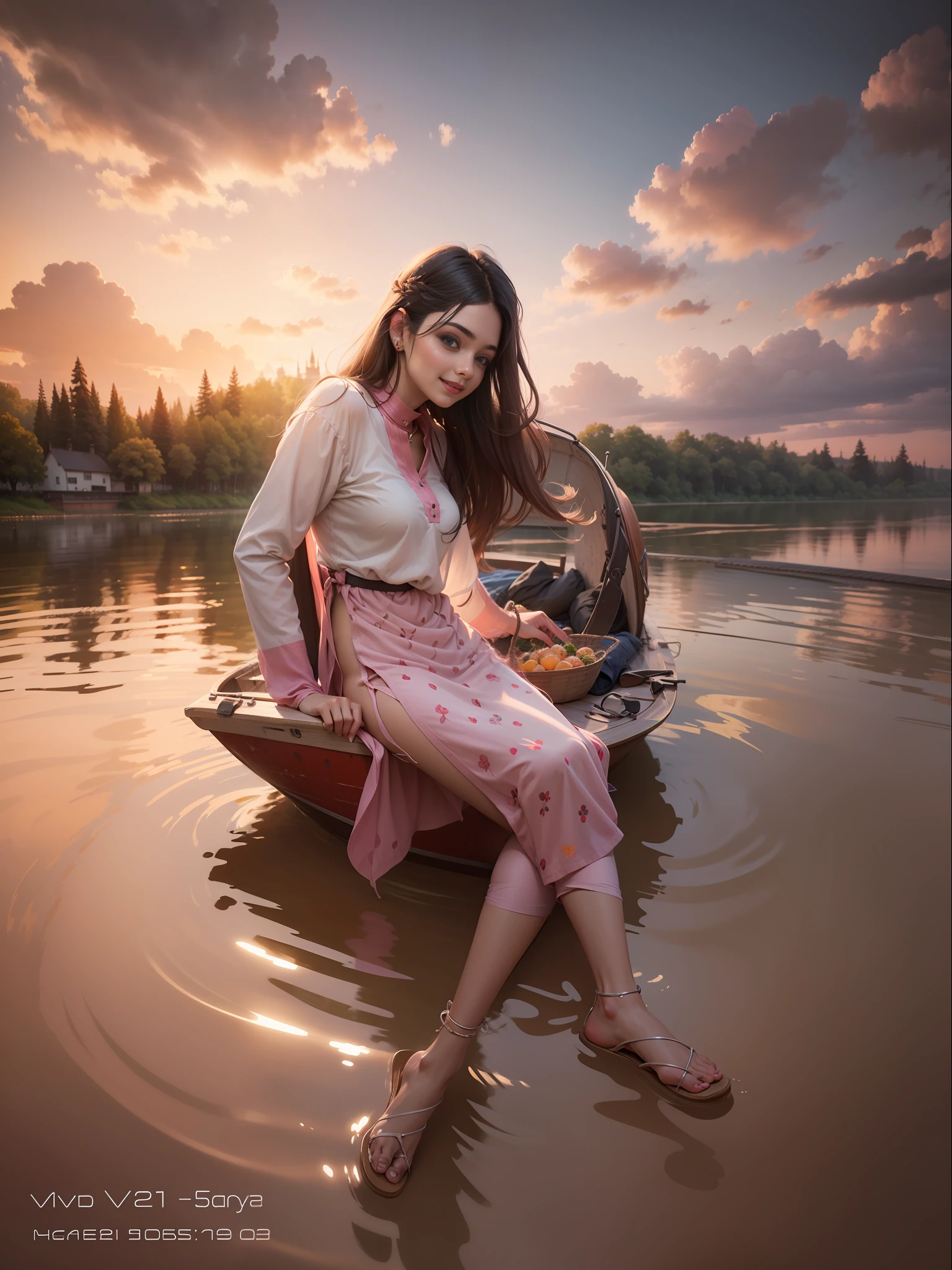 Girl with sharp eyes and long hair . 8k super realistic and detailed picture. Sitting on a boat in a river. wearing a pink kurti. staring at sky. smiling.