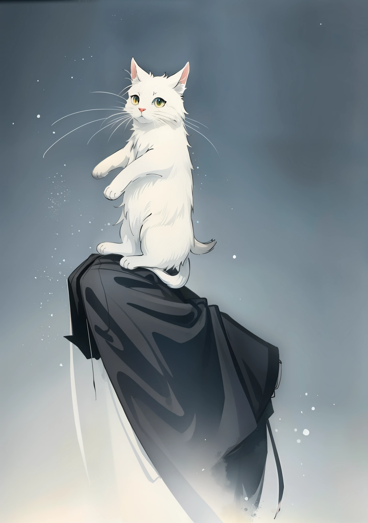 Light fog,white colors,Gradient powder,Hanfu,Ink background,aethereal,Falling,Clothes fluttering,standingn,teens girl,Hold the cat,white cat,National style