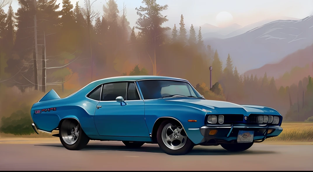 arafed blue car parked on a road with trees in the background, muscle car, 1970', universal, 240p, slimmer demeanor, A car, restomod, 1969, 1 9 6 9, rare, F4, F 4, wide wide shot, taken in the early 2020s, mopar