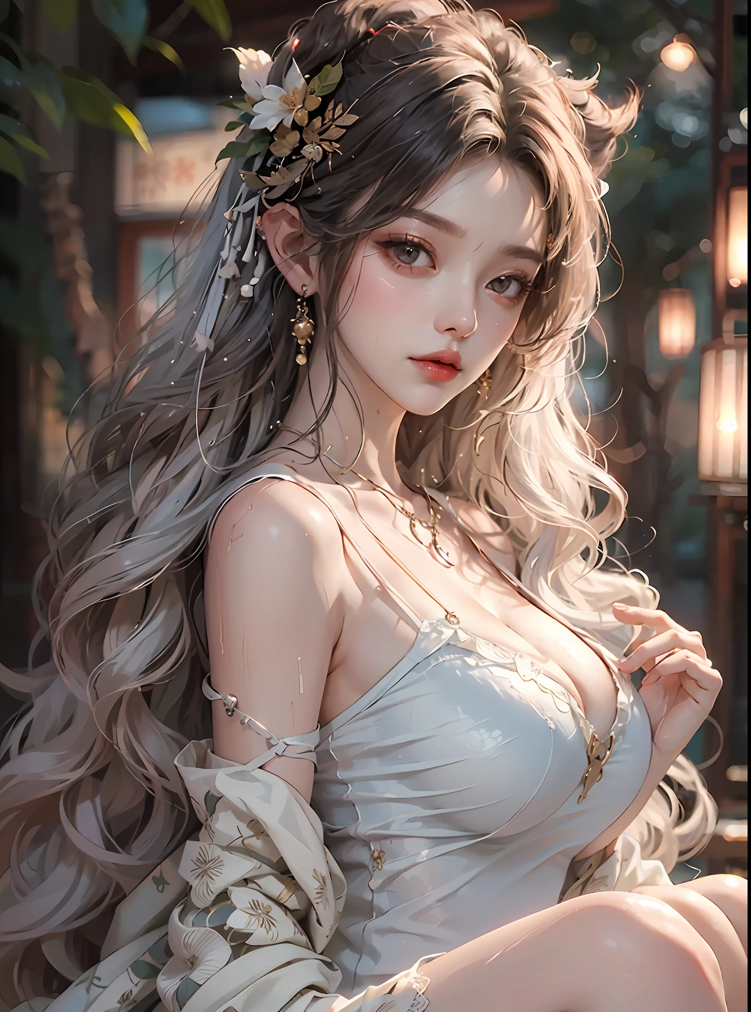 (Best Quality, 8k, 32k, Masterpiece, UHD:1.3), (Photo of Attractive Korean Woman), 1 Girl, (super huge Boobs:1.2), ( wavy white hair), Abs, Perfect Body, Ultra Detailed Face, Detailed Lips, Lust Eyes, double eyelids, on the grass, (seductive), ((aroused:1.5)), ((areolae slip)), Full body, black sheer lingerie, elf, black sheer underwear, lace nightdress, wave white hair, japanese goddess, lying on her back, gorgeous maid, beautiful asian girl, korean girl, japanese model, japanese, asian girl, sexy girl, asian, sakimichan, korean woman, seductive, lovely woman, captivating and enticing, (RAW photo: 1.2), top quality, beautiful detailed girl, from below, bob, highly detailed eyes and face, beautiful detailed eyes, huge file size, high resolution, 8k wallpaper, fine detail, highly detailed ticker uniform 8k wallpaper, light on face, movie lighting, 18 year old girl, sexy pose, (photorealism: 1.4), illustration, Super detail, masterpiece, shy look, shy, lewd,very big tits,very huge boobs, (super huge Boobs:1.3), double breasts, seductive, wet skin, necklace, earings, sexy, bare shoulders, bare waist, bare thighs, bare breast, flowers on hair, in the forest