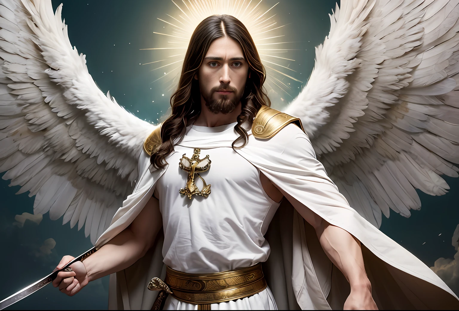 Jesus Christ with long white pale masculine hair with a silver sword and large wings with a golden scale