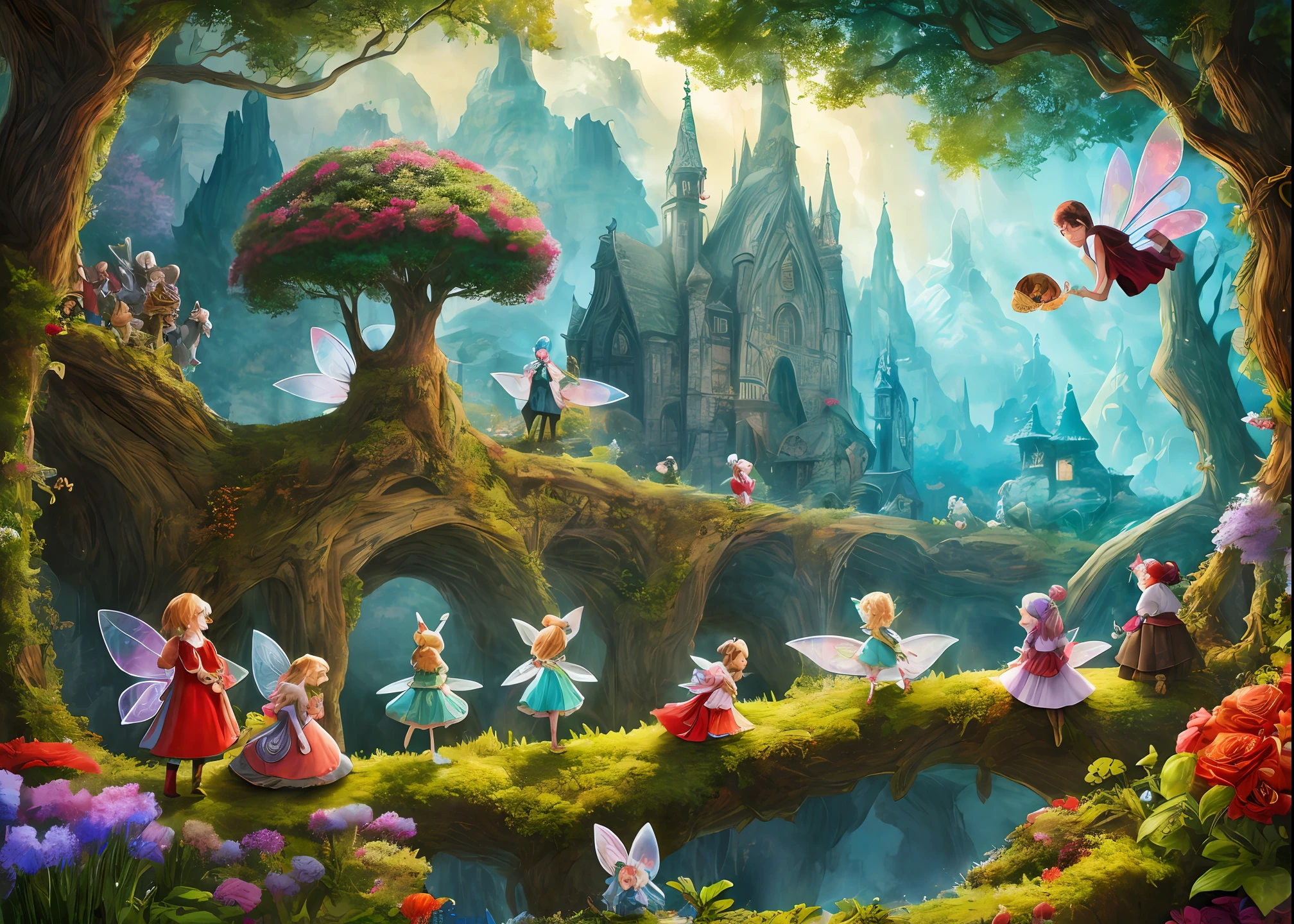 ((The view)) of an adorable group of the most loveable, fantasy inspired, fantastic, colourful, fairy tale characters, some big, some small, some hairy, some old, some fairy, some toothy, some goofy, some red, some green, some almost too small to be seen, with some in-between, ((and even some a little scary, that's the naughty fairy)), ((they all look at the camera)) with awe and wonder, movie, 8k UHD 32 hyper detailed illustration using airbrushing techniques, ultra sharp focus, creative shadows, textures, colours, magic artwork, Unreal Engine 5, face (enhance,8:-0.69)K, golden ratio, cinematic lighting, dappled light, intricate artefacts complete the scene, photographed using a Hasselblad H6D, ultra sharp resolution throughout, a wondrous scene of happiness, trees, flowers, toadstools, birds, flowers,