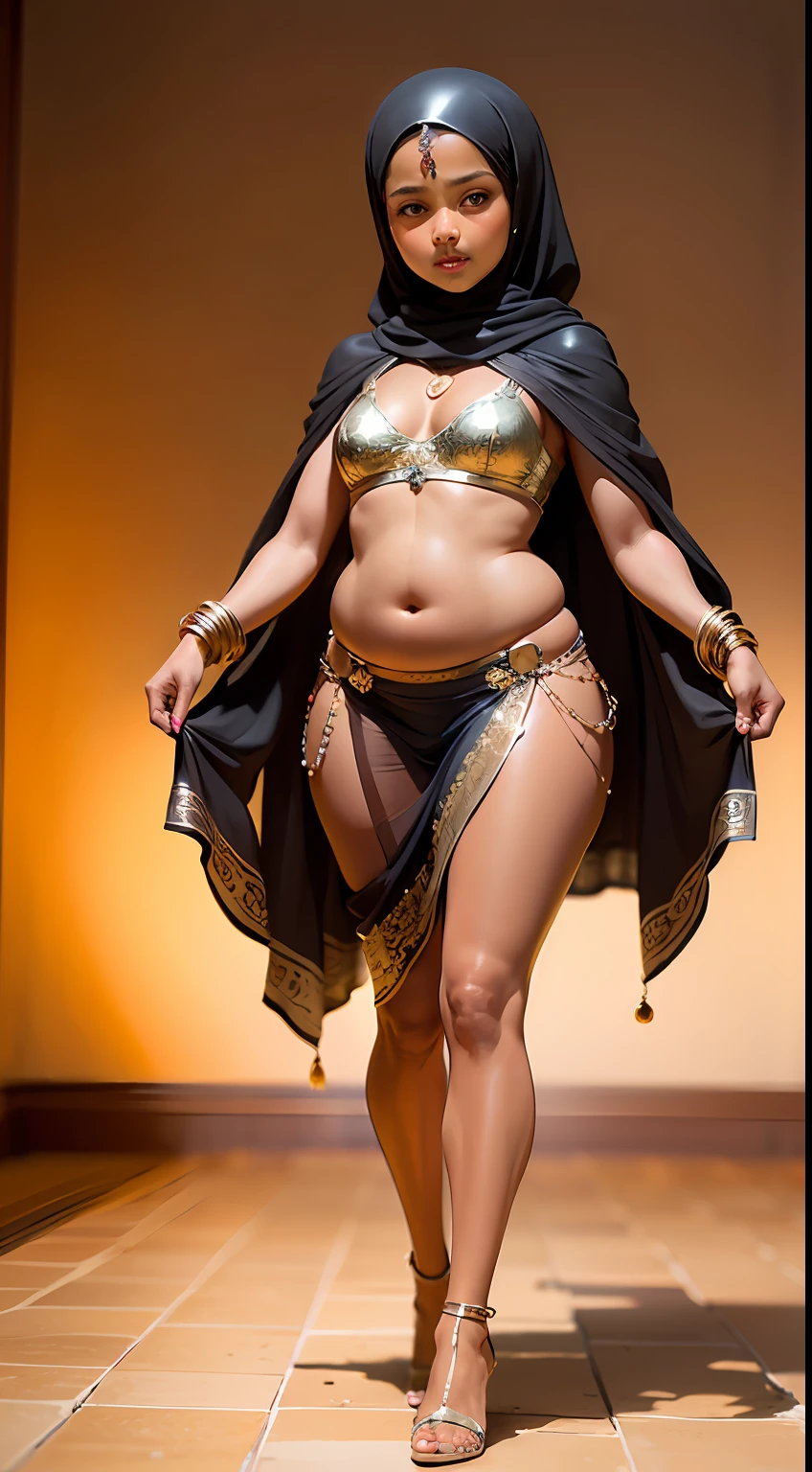 (10 years old:1.8), perfect face, (chubby:1.2) in saree perfect full HDR body exposed midriff highleg **** flat chest curvy indian armpits bellydancer 8k high res knees ankles , royal skimpy underwear, cleavage (shiny skin:1.5) depth of field (full body shot) (high heels) (brown skin:1.7) (hijab:1.2) (veil:1.2) black theme (masterpiece:1.8)