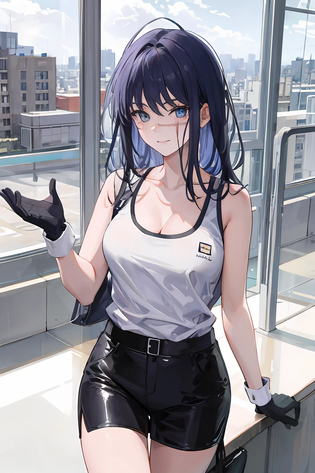 master work, best qulity, detailded, seulement, ultra highres, 1fille, paysage urbain, profondeur de champ, bas, seductive pose, rideaux de poitrine, Gants, Souriant, attentive, compatissant, interagir, amical, chaleureux, Cheveux courts, seins moyens, beaux yeux bruns, décolleté, transpiration, rougissement, respiration lourde, Urban clothing, tanktop, masque chirurgical, Medical gloves