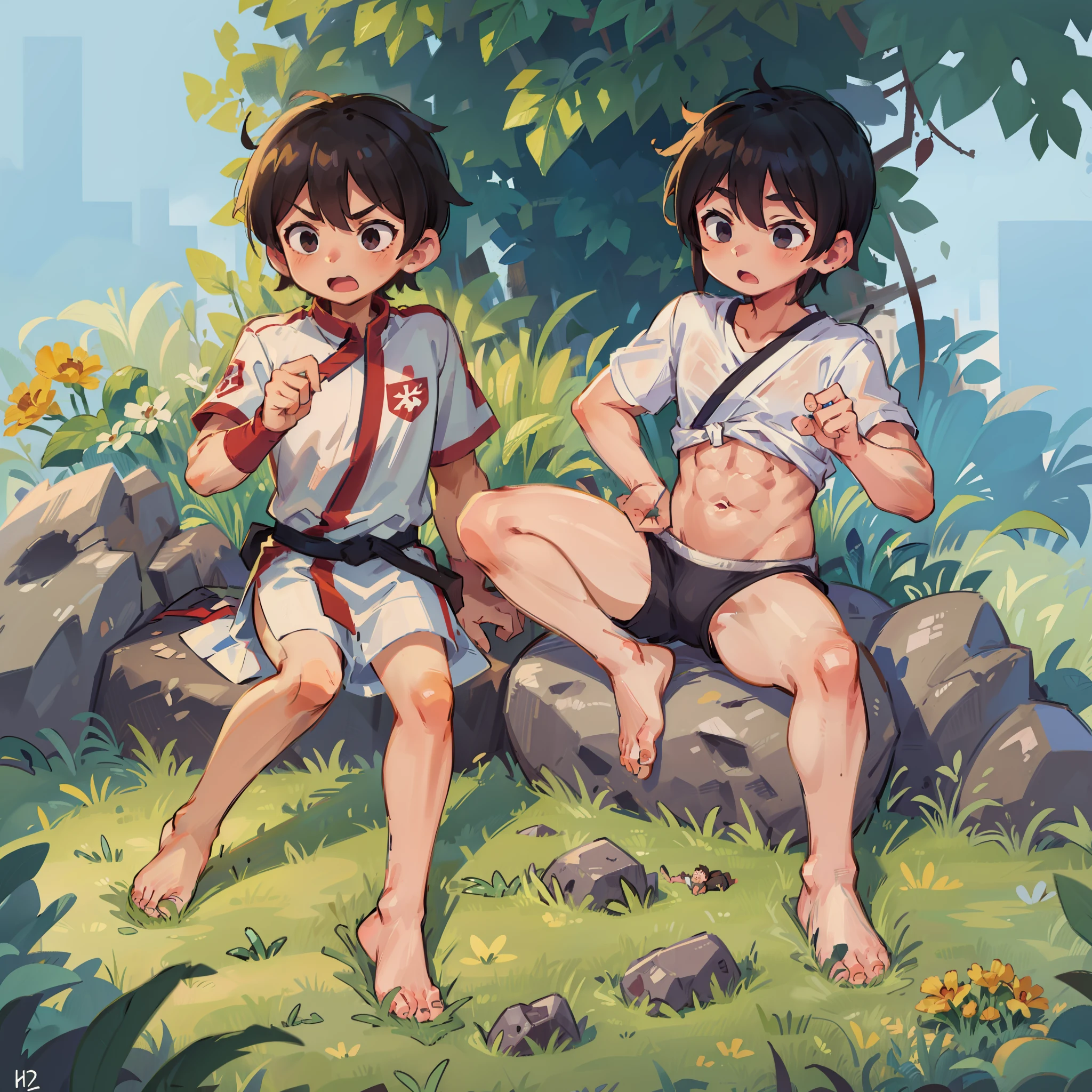 younge boy，Barefoot，Abs，adolable，musculature，A dark-haired，Martial arts uniform，Sit on the lawn，Boy，Cute boy，bare-legged，shortpants，Muscles are strong，Healthy Boy，chest muscle