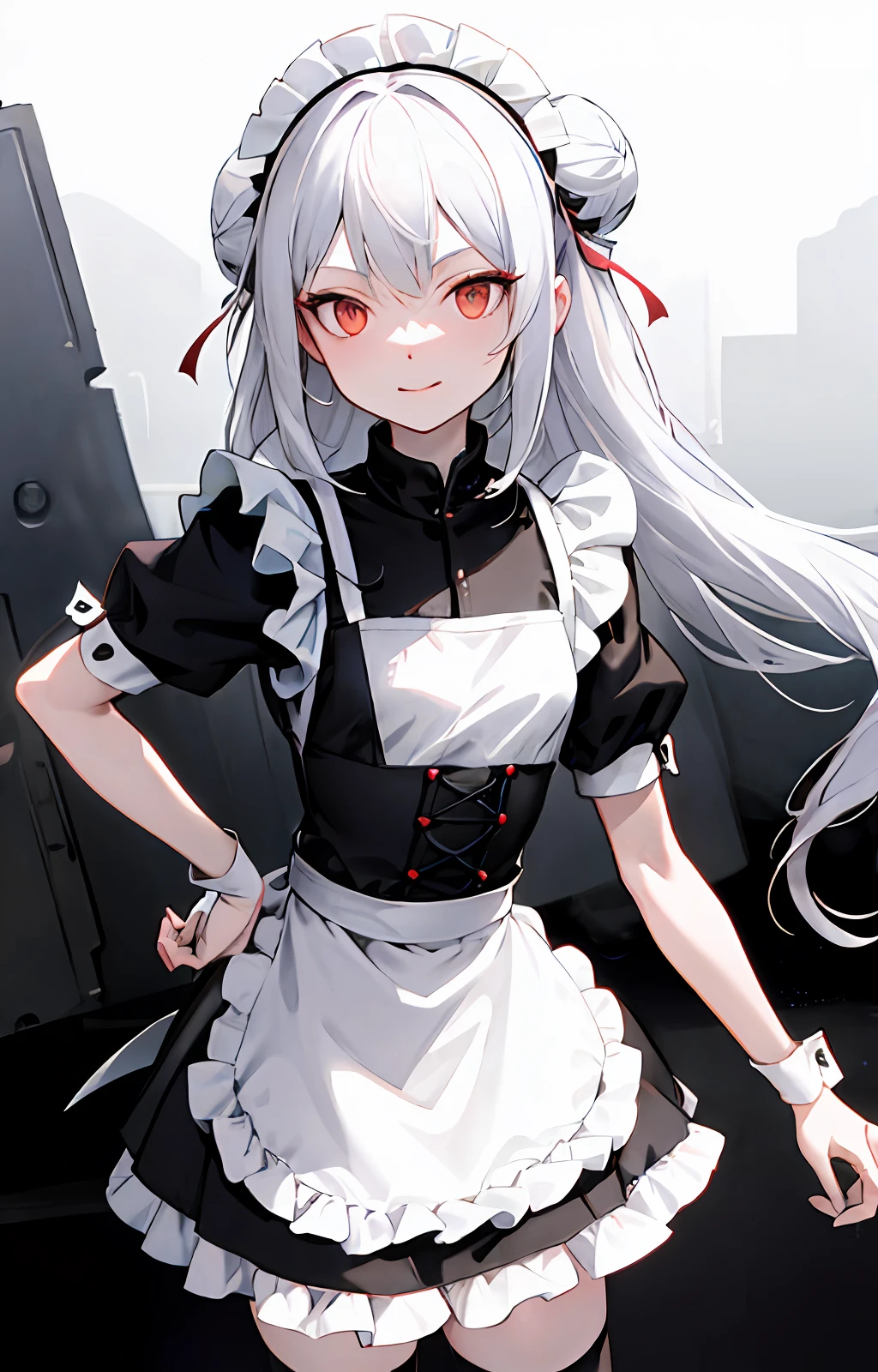 1 machine girl, maidennurse, 独奏, A dark-haired, both hands on hip, aprons, maid headdress, Single bun, 黑The eye, hairbuns, looking at viewert, maid apronl, no feelings, narberal_gamma, A high resolution, tack sharp focus, Pixiv masterpiece, ((Complicated details)), highly detaile,Mechanical body,Wearing black silk
