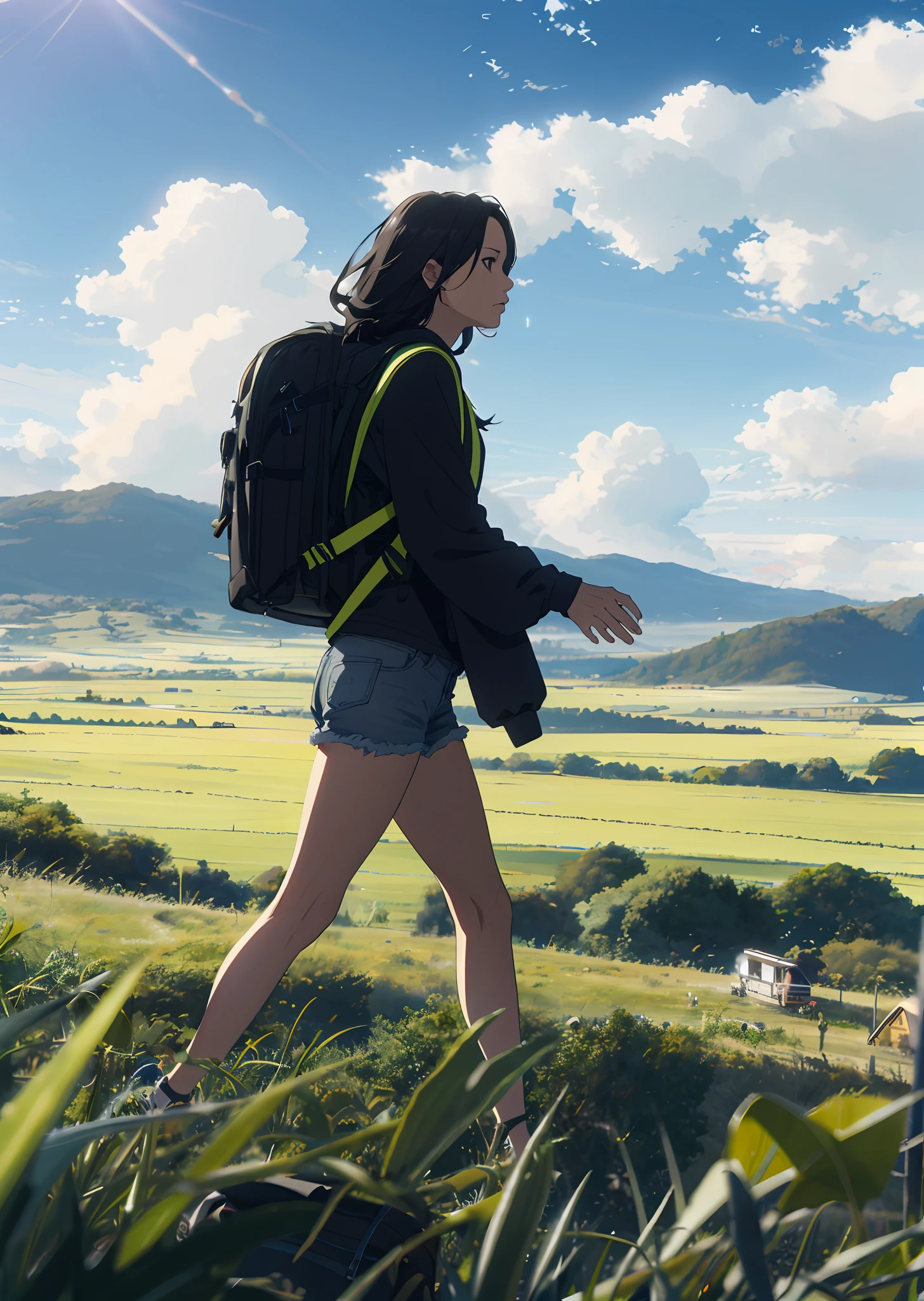 The vast sky, beautiful skyline, large grasslands, extremely tense and dramatic pictures, moving visual effects, the high-hanging Polaris, and colorful natural light. A long-sleeved top, denim shorts, and a black girl with a backpack.