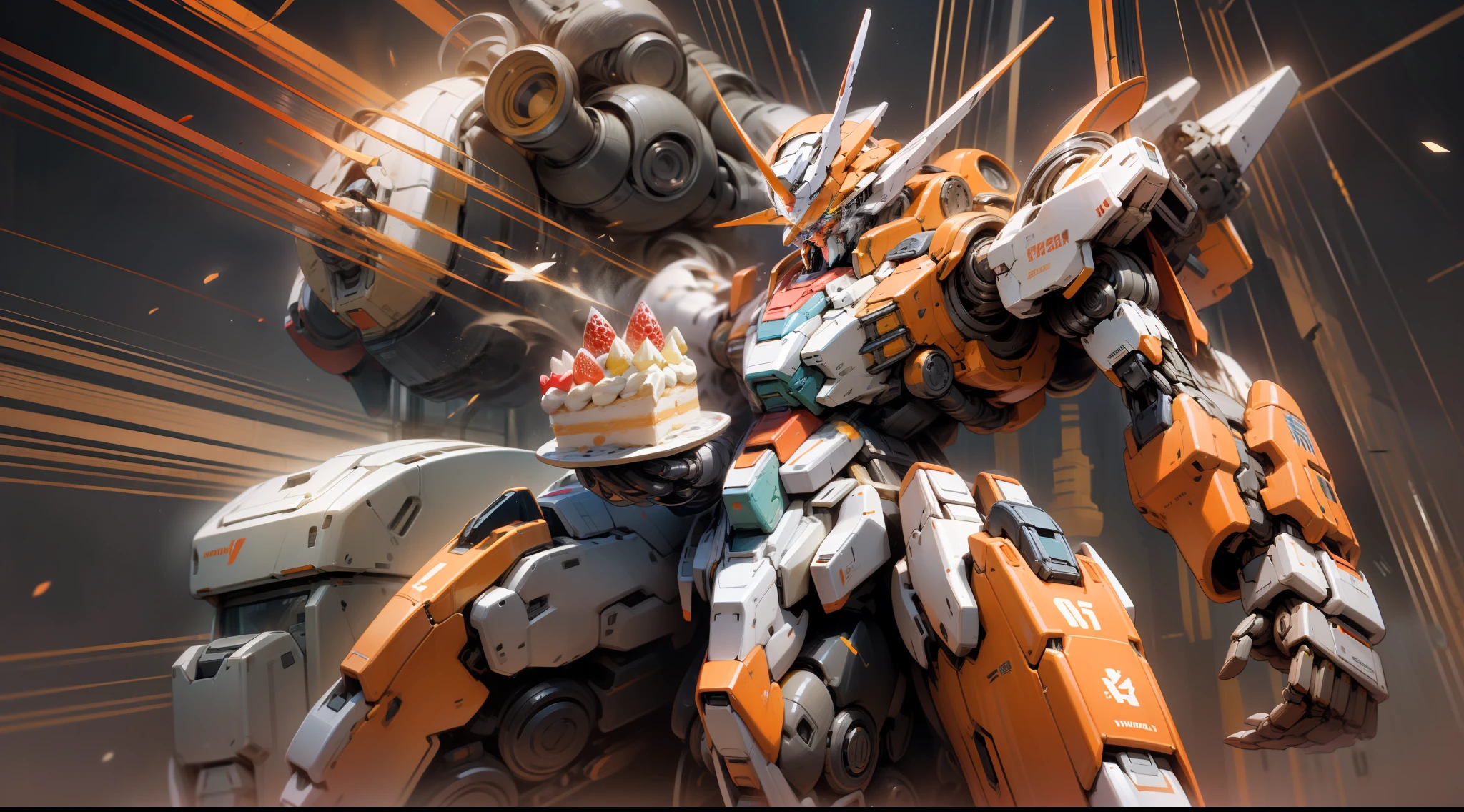 A towering Gundam robot cradles a cake in its mechanical arms. The mecha's color scheme is predominantly orange, exuding a vibrant and energetic aura. The artwork showcases the contrast between the massive mechanical figure and the delicate, enticing cake, creating a unique and playful juxtaposition, lush detailing, v4