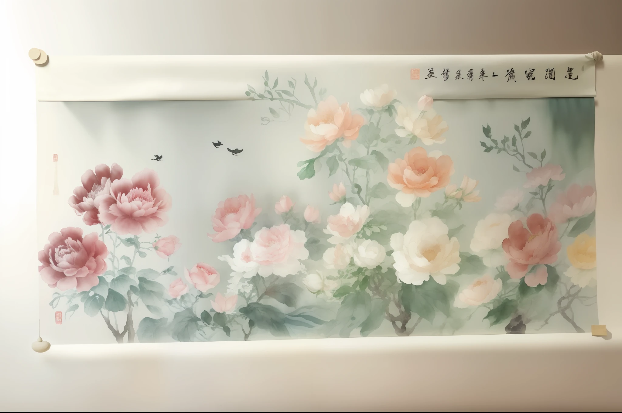 There is a flower painting on the wall,It says Chinese, Traditional Chinese painting, chinese water color, Chinese painting, Chinese painting style, Chinese style painting, Traditional Chinese watercolor, Traditional Chinese Ink Painting, old chines painting, traditional chinese art, Chinese watercolor painting, China ink painting, traditional painting, hanging silk scroll, hanging scroll on wall, author:Wen Boren