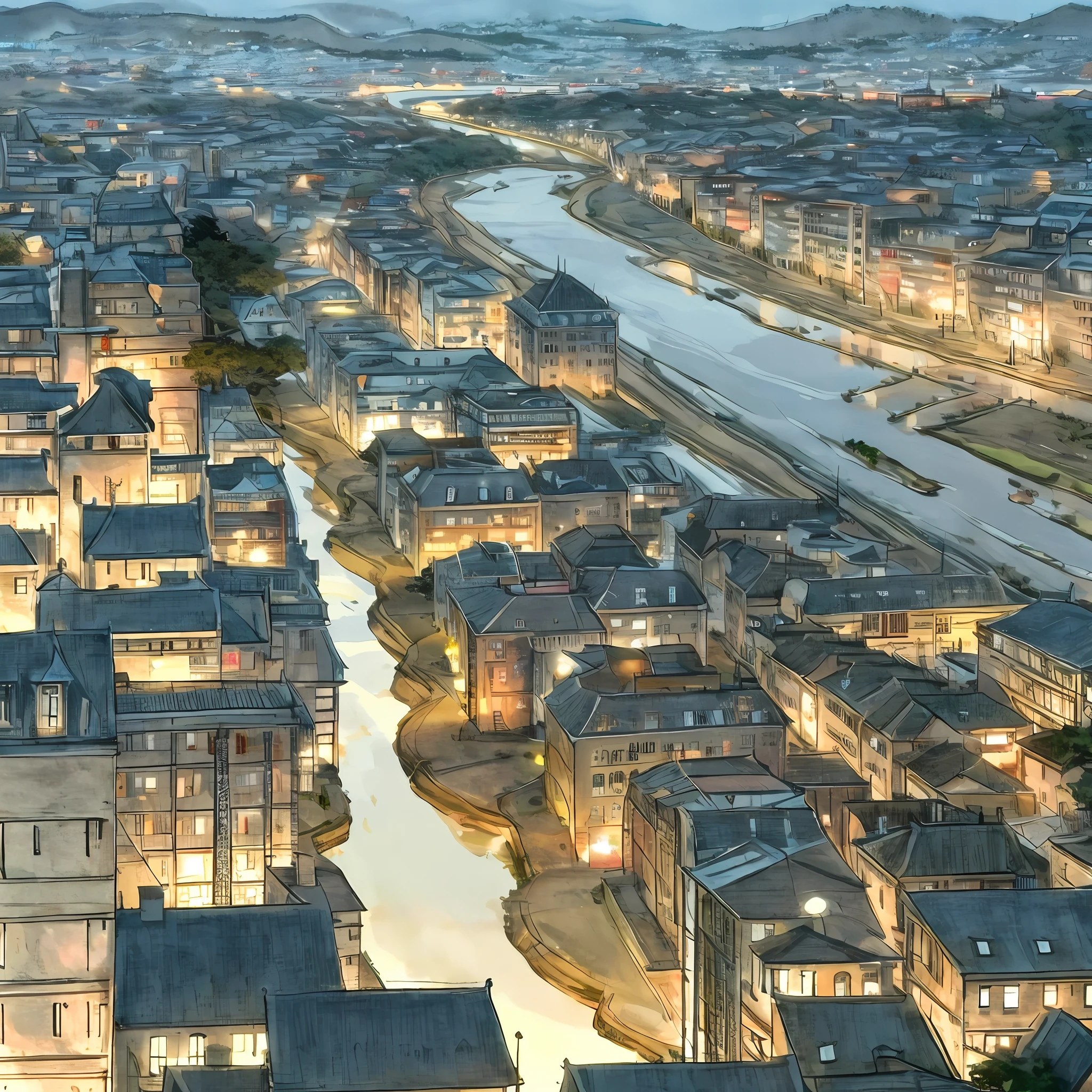 nighttime scene of a city with a river and a clock tower, hd anime cityscape, anime style cityscape, beautiful cityscape, anime background art, beautiful anime scene, beautiful anime scenery, anime beautiful peace scene, anime scenery, ethereal starlit cit...