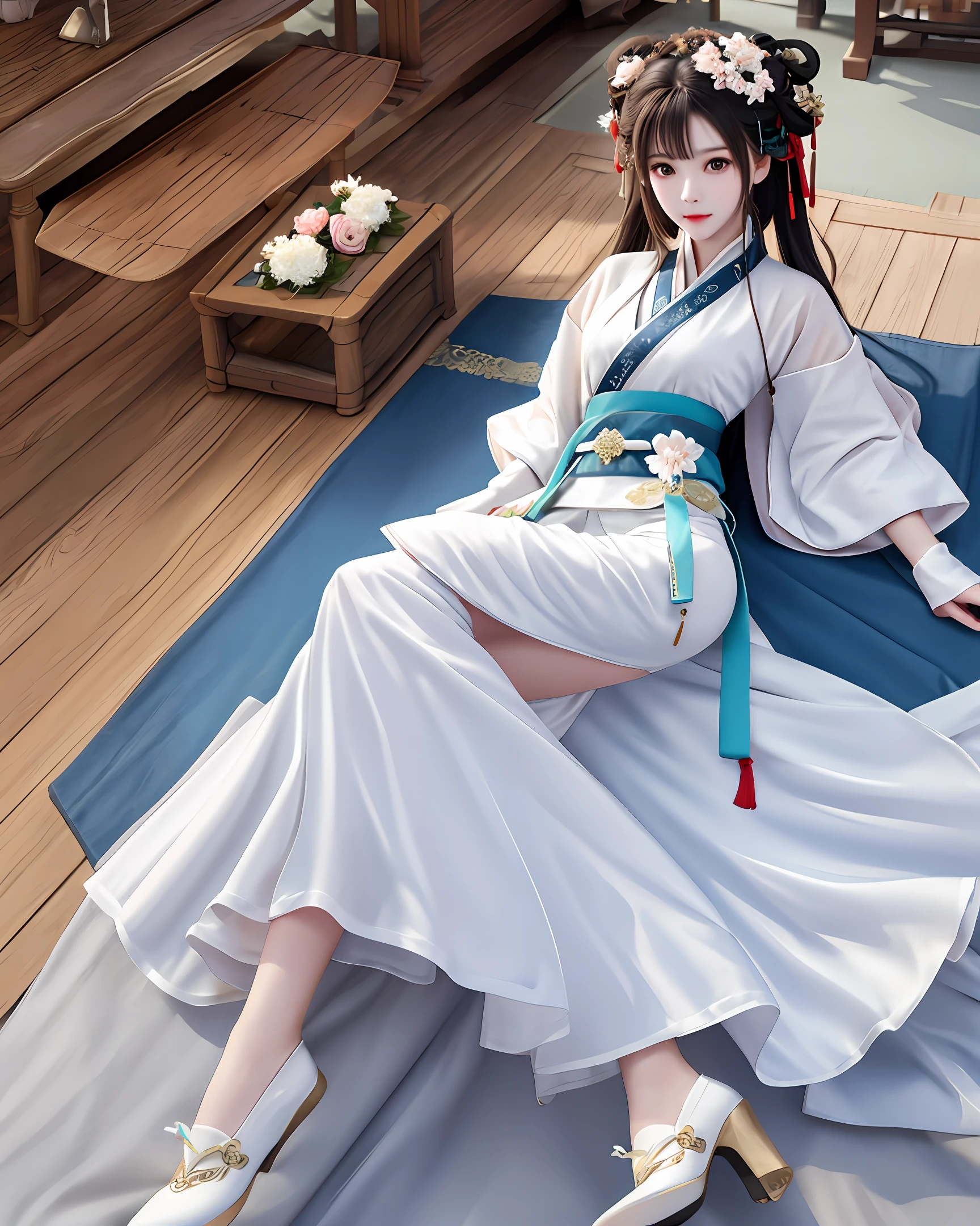 Araffe dressed in a white dress and blue sash sitting on a blue mat ...