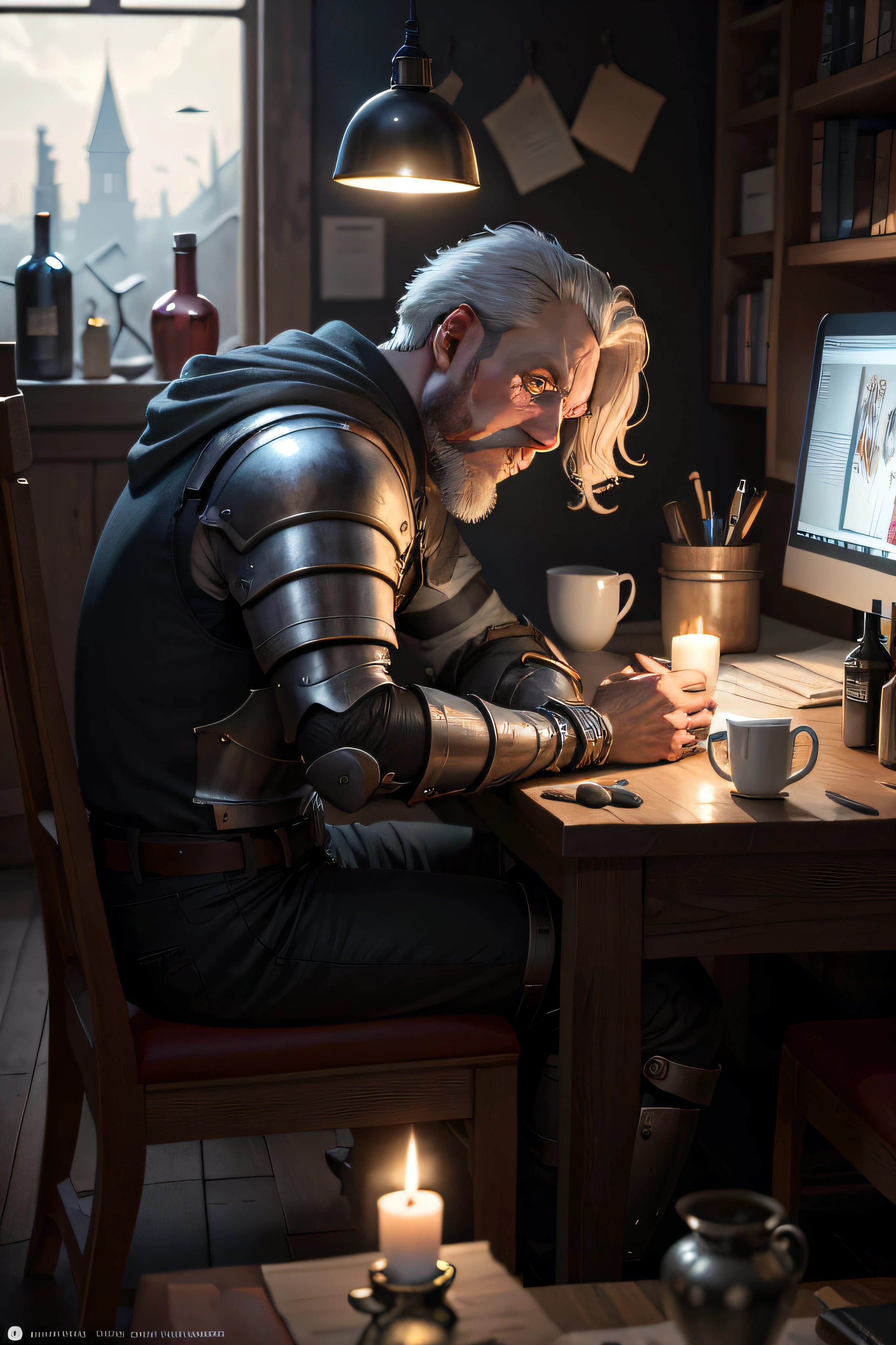 (masterpiece), best quality, ultra high resolution, (sharp focus), (photorealistic image), 1200, everything is dirty, man sitting at computer, knight, candles nearby, dark, wine bottles, wood on floor, kitty, digital two dimensional fantasy, background illustration, detailed digital two dimensional fantasy, digital painting concept art, concept art illustration, photorealistic dark concept art
