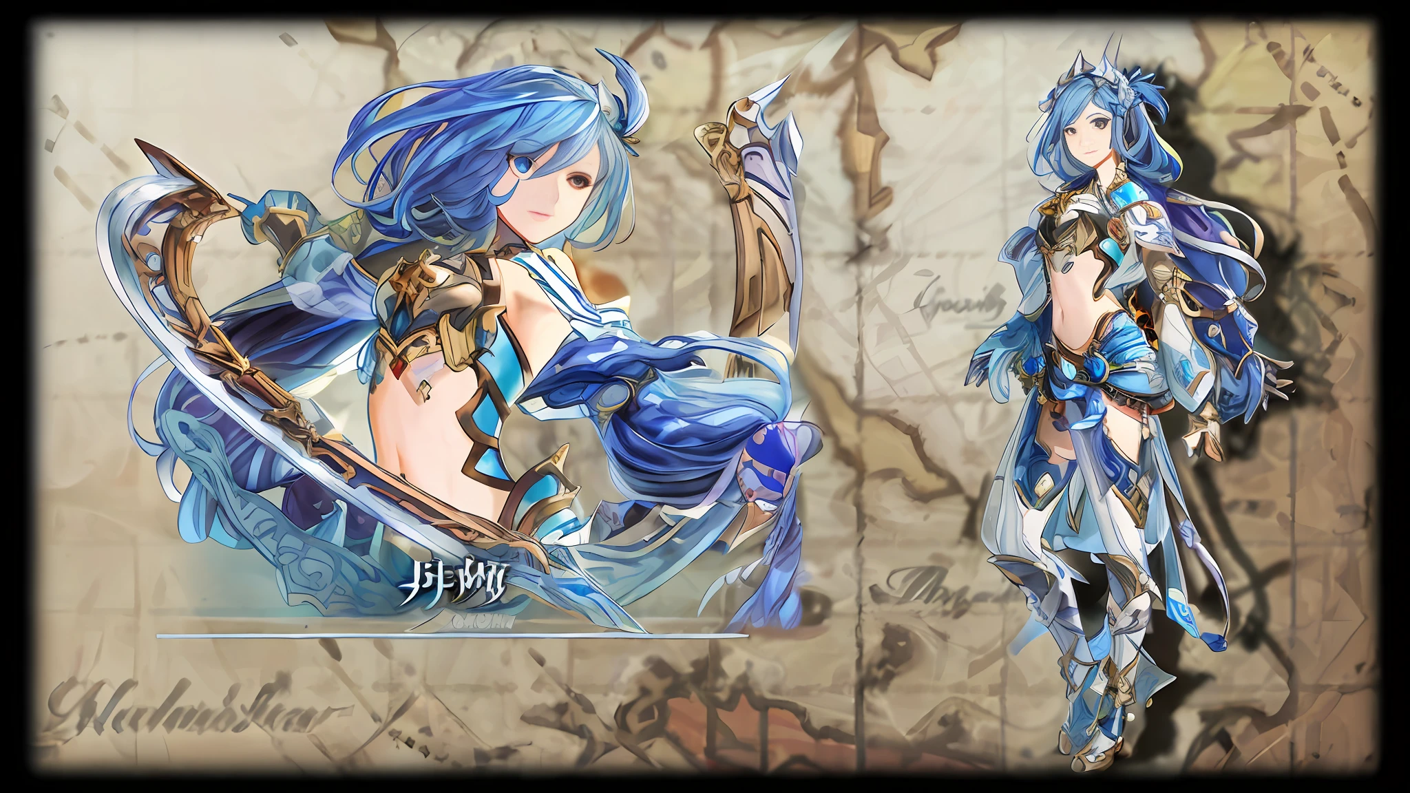 anime character with blue hair and a sword in front of a map, official character art, alluring elf princess knight, mystical atlantean valkyrie, Official artwork, granblue fantasy, fus rei, high detailed official artwork, Portrait Chevaliers du Zodiaque Fille, offcial art, full-body xianxia, Beautiful young wind spirit, goddess of the sea, shadowverse character concept --auto