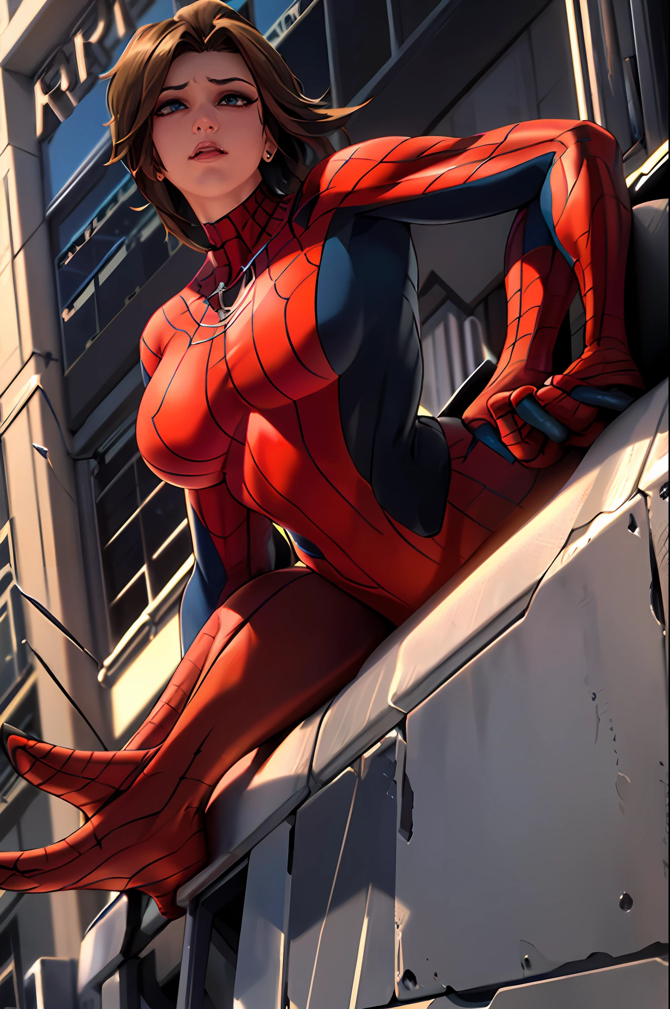 Proportional eyes, (Realisticity: 1.5), Realism, Ultra Realisticity, (Very Detailed Eyes), Ultra Detailed, Soft Lighting, (Detailed Background), Extreme Detail Background, Sharp Detail, ((Full Body)), Female Spider-Man Tears Open the front of the costume, exposing breasts, blushing, hanging on the side of the building