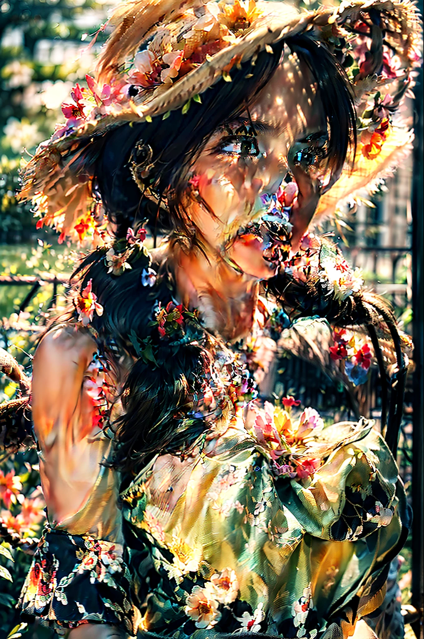 (extreme close up:1.5), (face focus:2),(Style of ???? ???:1.5),
((side face:2)),(1girl surrounded by soft_light:1.5), (backlighting:1.8), (lighting),(flowing fabric:1.3), ((Floral_summer_dress:1.5),(Straw_hat:1.3)),
(masterpiece), realistic, HDR, highly detailed, 8k, raw photo,
ambient occlusion, natural, harmonious composition, warm tones, fine art photography,naked