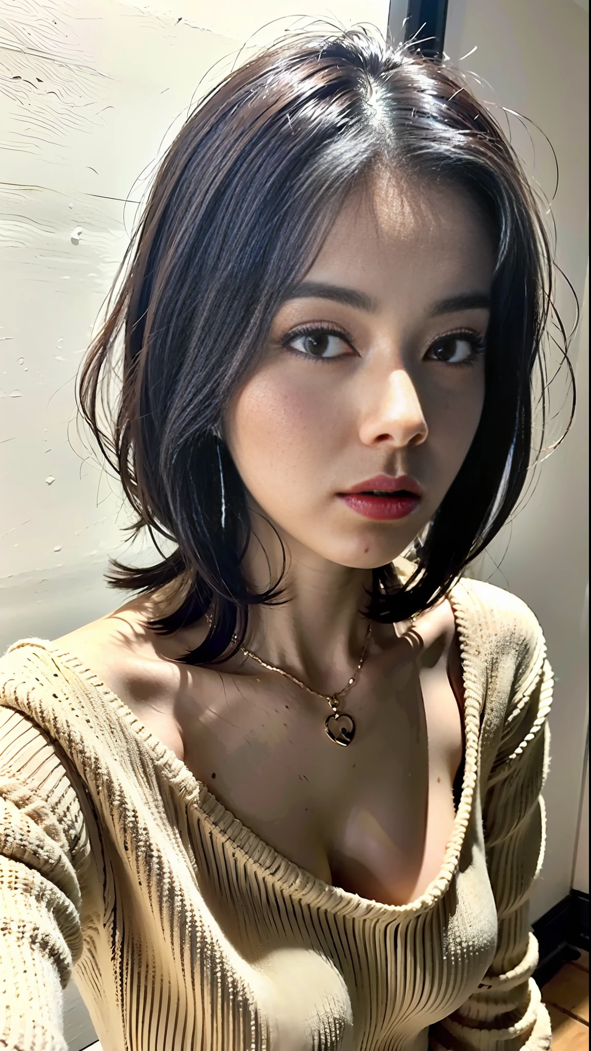 (Best quality, 8k, 32k, Masterpiece, UHD:1.2),Photo of Pretty indian woman, beautiful face like pornstar, super sexy, big breasts, very short bob hair,upper body, face focus, oversized_sweater, necklace, simple background, shot from above, looking at viewer, highly detailed