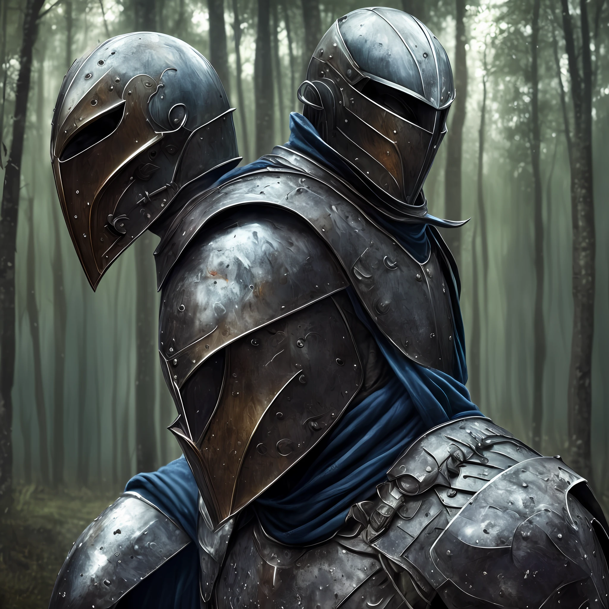 portrait of DS2Faraam, action  shot,Dramatic ,wearing an iron armor,dark blue legs, background dark forest,Dark fantasy,Gothic Atmosphere,illustration, Extremely detailed ,8K, Rainy, pondering,ray traycing,Deviant-art,symetrical helmet --auto