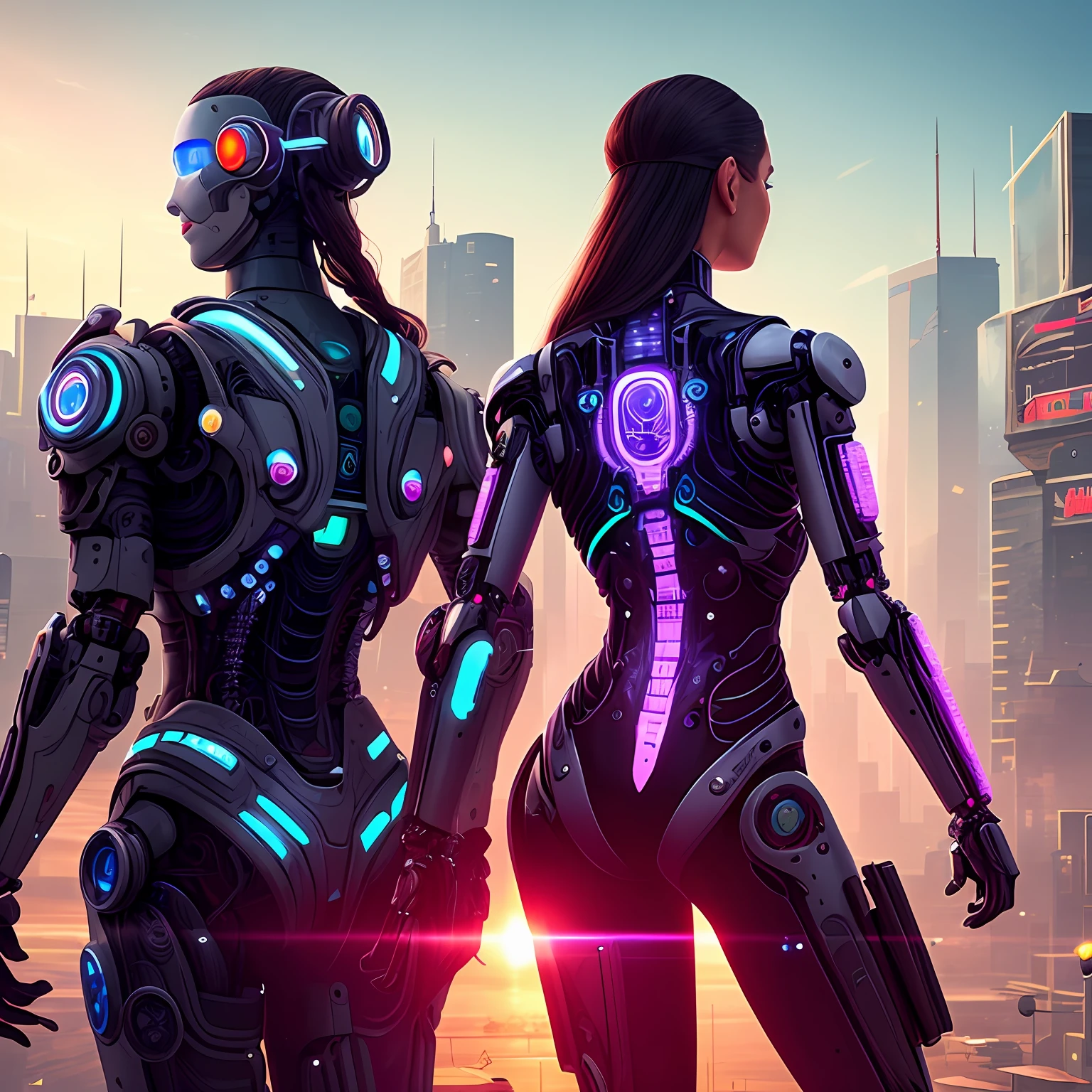 Behind the cyberpunk woman stands a robot