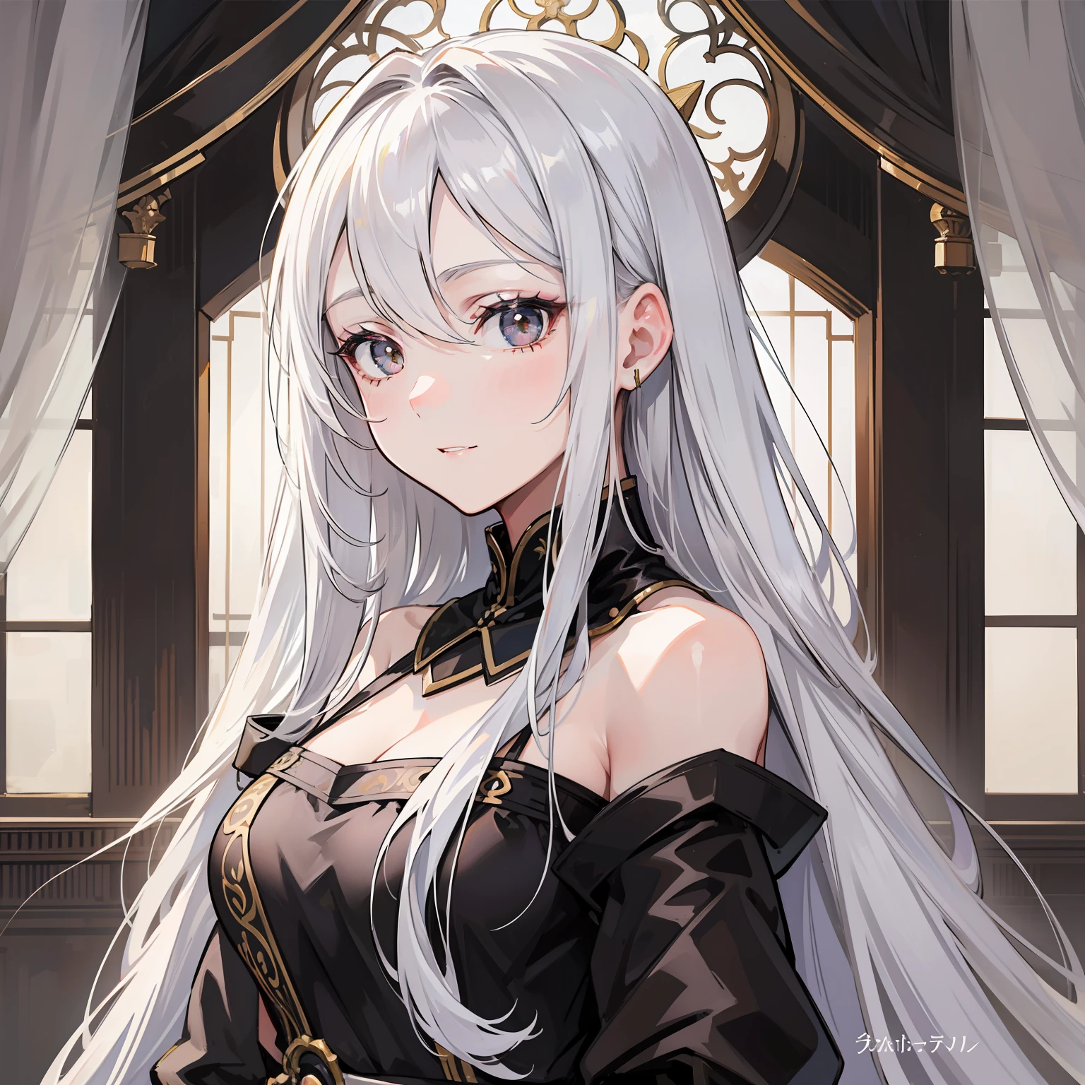 (a mosaic:0.69),The picture quality is perfect, The art style is realistic, The ultimate match, Side face masterpiece girl, The white short sleeves of the upper body are matched with a black skirt, Silver-white hair and golden eyes, The fair skin is graceful and beautiful, and the side face is stunning.