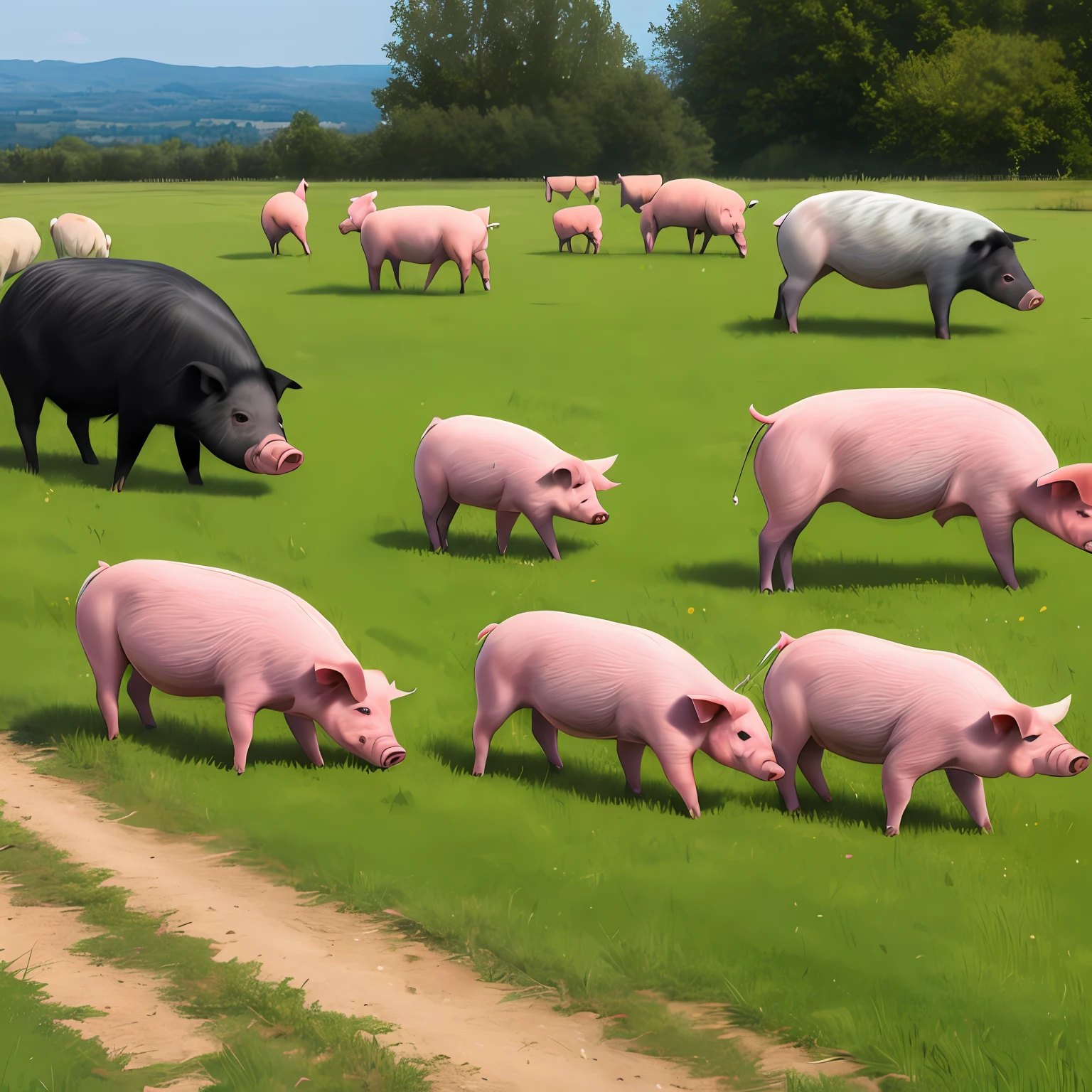 Pigs graze on grass
