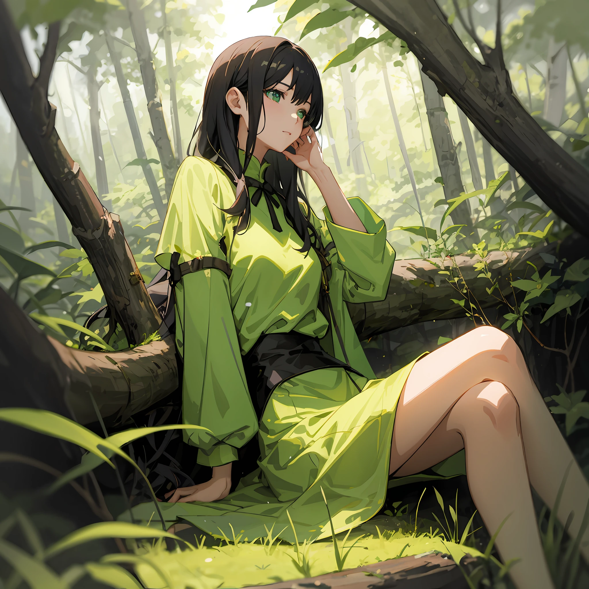 Anime, a woman in a green dress sitting in a forest, white-haired god, Keqing from Genshin Impact, Guweiz in Pixiv ArtStation, Serene expression, Guviz, by Yang J, Beautiful depiction, trending on artstation pixiv, green blessing, anime fantasy illustration, author：Qu Leilei, flowing hair and long robes