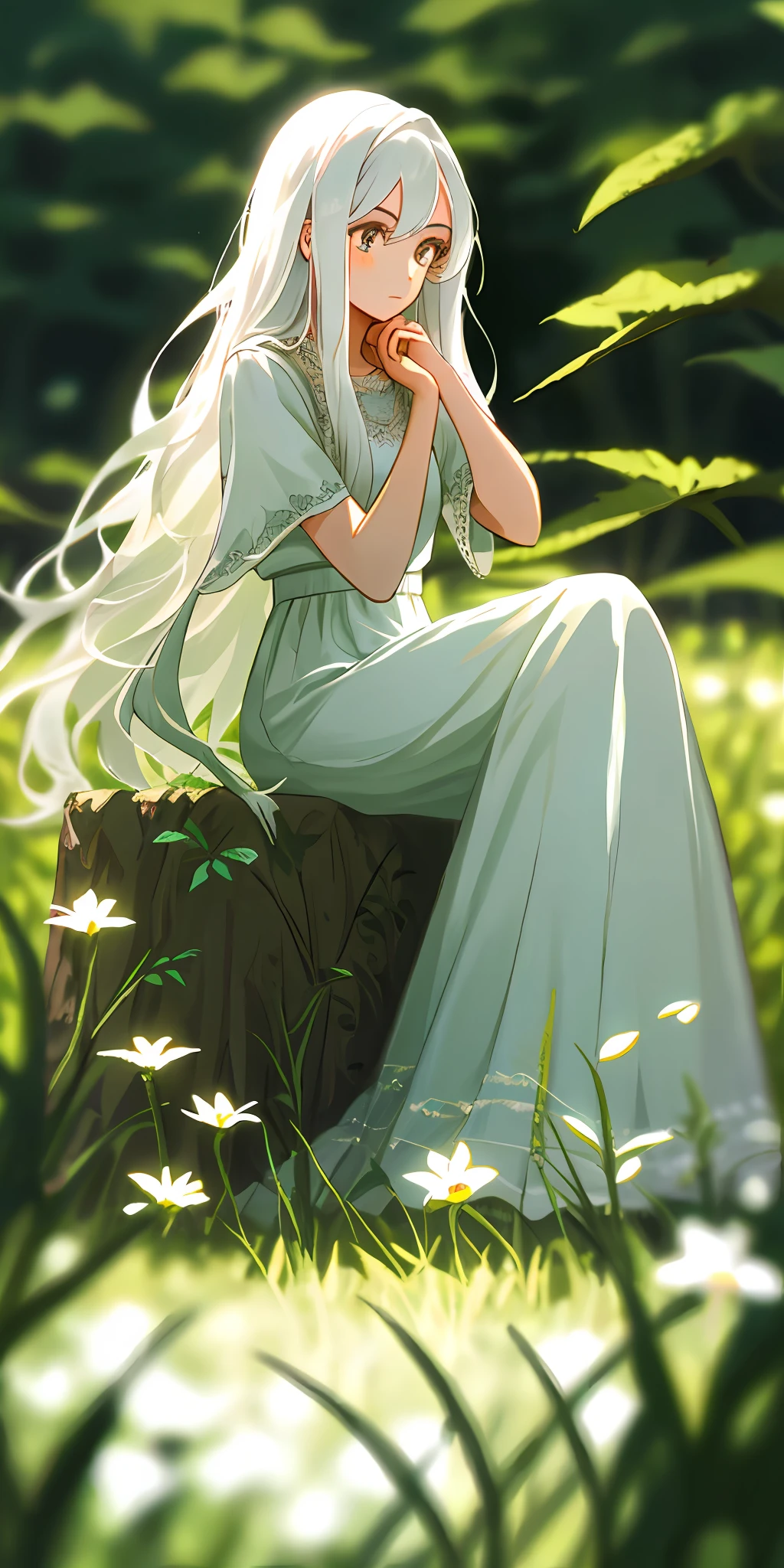 (masterpiece, best quality),1girl with long white hair sitting in a field of green plants and flowers, her hand under her chin, warm lighting, white dress, blurry foreground