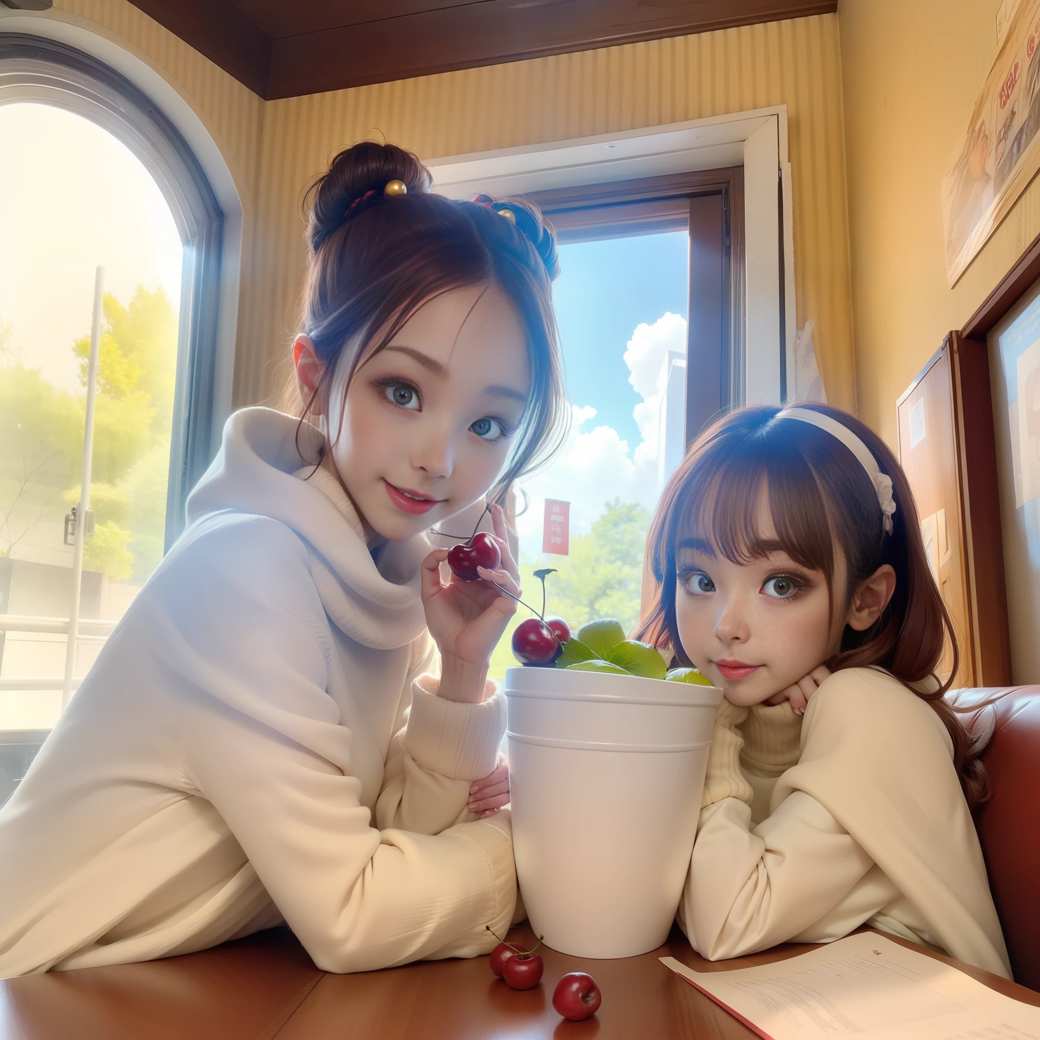 A pair of big eyes with a bright god,The eyes have a pair of eyebrows like a crescent moon,A High Bridge of nose,There is also a bright red cherry-like mouth