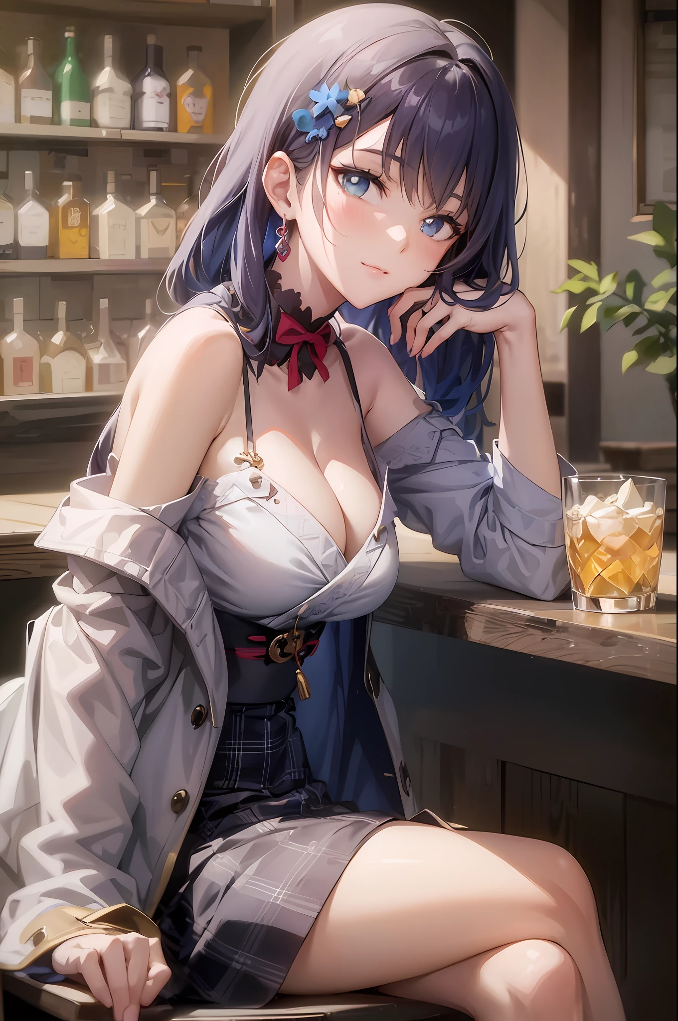 anime girl with blue hair and glasses sitting at a bar, seductive anime girls, attractive anime girls, beautiful and seductive anime woman, Fine details. Girl Front, Surrealism female students, Beautiful anime girl, Guviz, Beautiful Anime High School Girls, Smooth anime CG art, Surrealism female students, photorealistic anime girl rendering