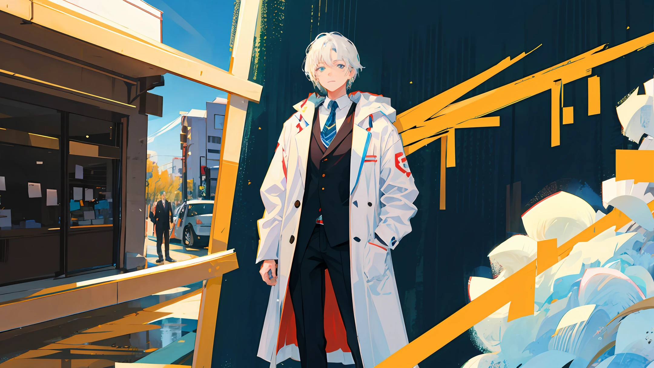 Handsome male guy with short black hair, scientist in white coat, cute white-haired female college student standing next to him