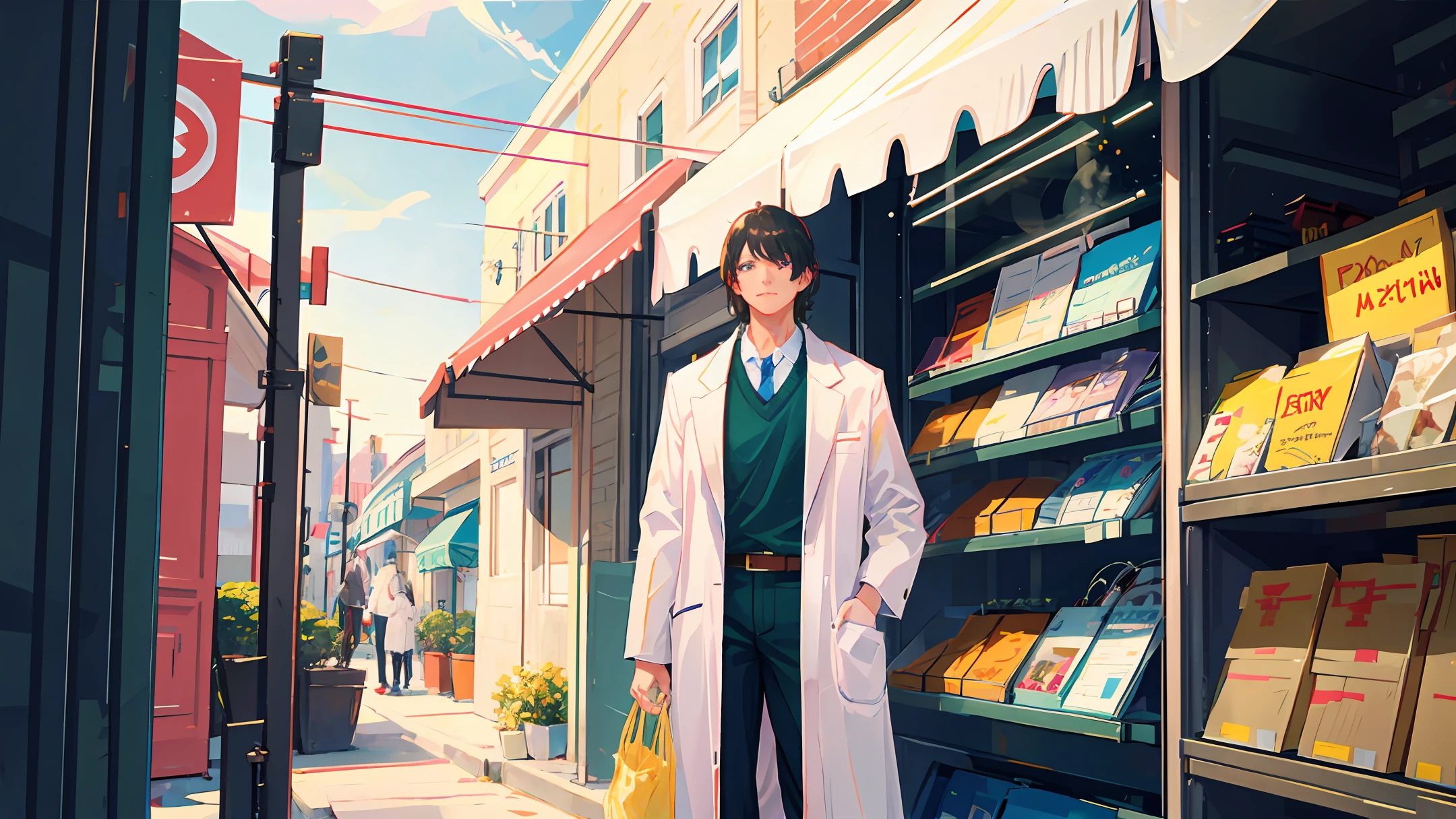 Handsome male guy with short black hair, scientist in white coat, cute white-haired female college student standing next to him