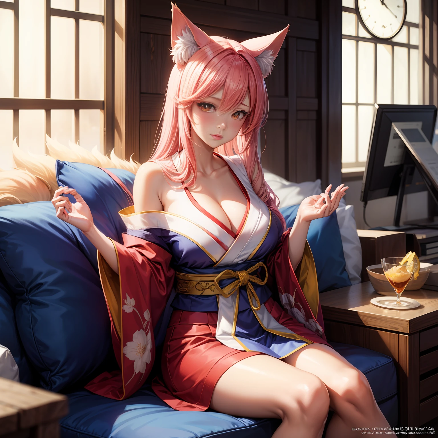 Anime girls wearing kimonos，sitting on a cushion，The background is the clock, ahri, a beautiful kitsune woman, Kitsune, fox nobushi, orgasmic face，The chest is huge，beautiful anime catgirl, Very beautiful anime cat girl, digital anime illustration, a beautiful fox lady, [ 4 K digital art ]!!, Digital anime art, seductive anime girls, portrait of ahri