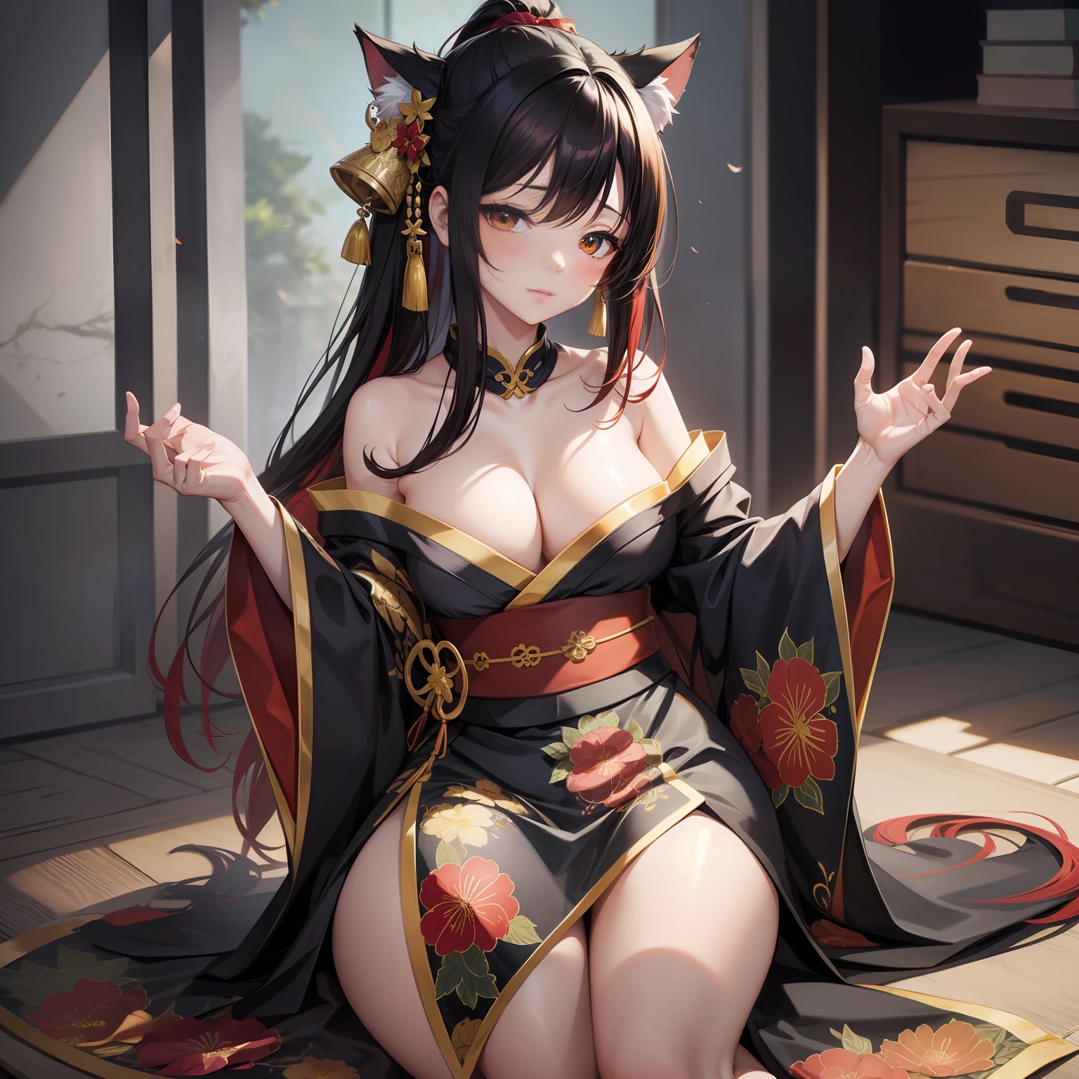 Anime girls wearing kimonos，sitting on a cushion，The background is the clock, ahri, a beautiful kitsune woman, Kitsune, fox nobushi, orgasmic face，The chest is huge，beautiful anime catgirl, Very beautiful anime cat girl, digital anime illustration, a beautiful fox lady, [ 4 K digital art ]!!, Digital anime art, seductive anime girls, portrait of ahri