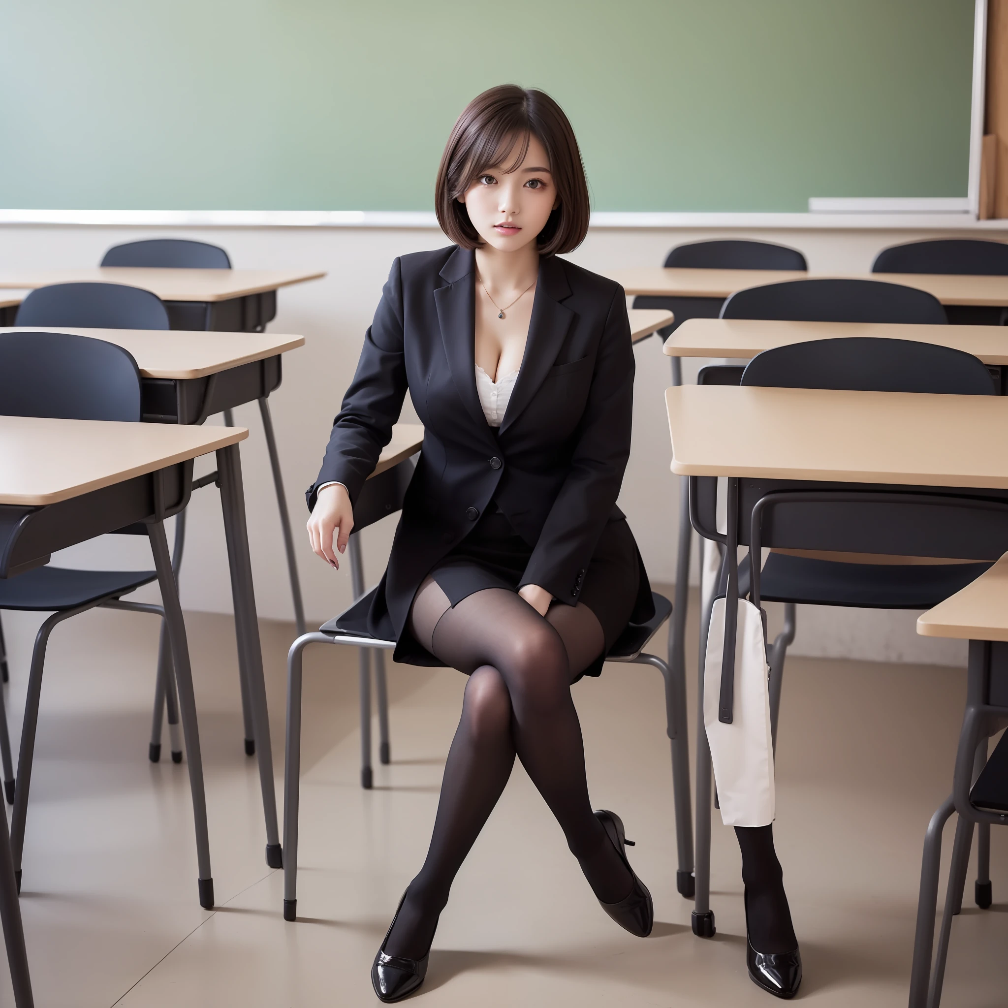 Unsupervised、Suits、a miniskirt、Black tights、Big breasts、Cleavage emphasis、The background is the classroom、Sitting on a desk and crossing legs、a short bob、((Solo))、A dark-haired、Single、(((1girl in)))、Top image quality