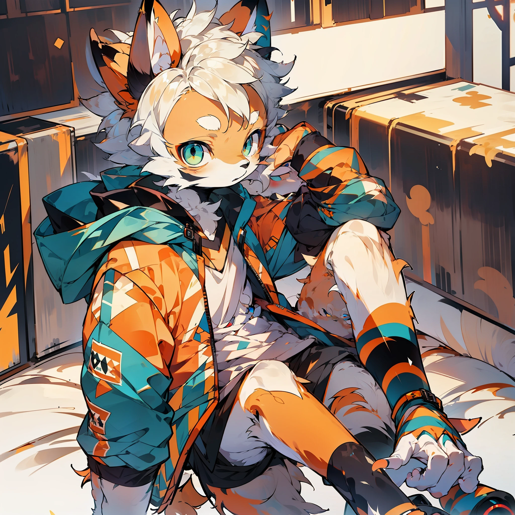 shota,furry,cute,lovely,orange fur,white ears,blue eyes,green hoodie,gray shorts,warm lights,daytime