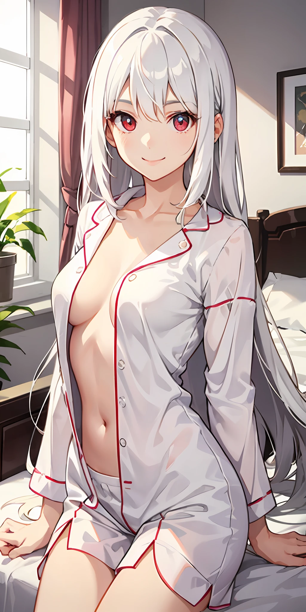 1girll,White hair,Long white hair,Red eyes,Sideslit,light particules,Gentle eyes,Bedrooms,face to the viewer,mediumunderboob,Dull hair,Smiling,pyjamas,A high resolution,