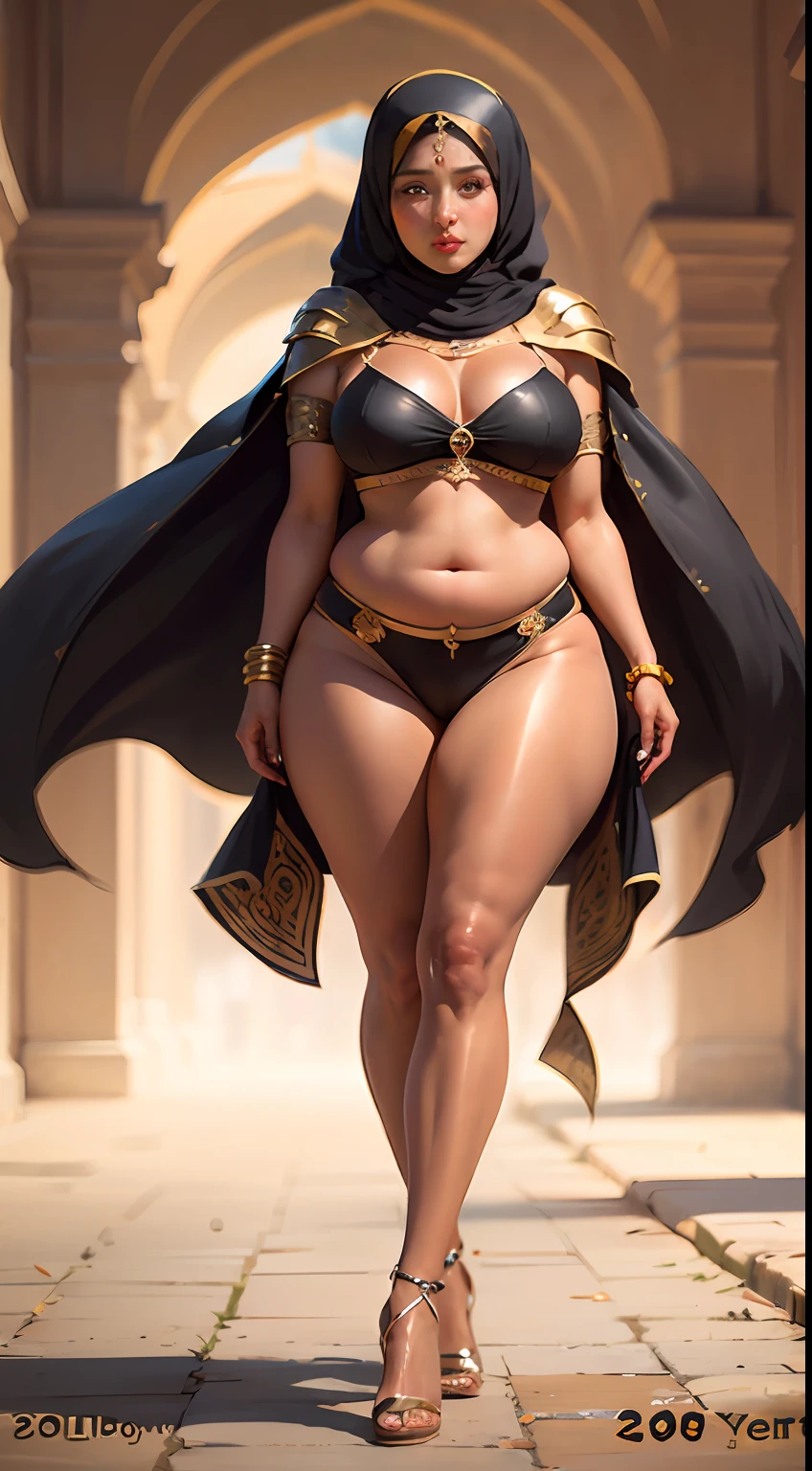 (20 years old:1.9),  perfect face, (chubby:1.3)  black bikini and a black cape perfect full HDR body exposed midriff highleg **** flat chest curvy indian armpits bellydancer 8k high res knees ankles , royal skimpy underwear, cleavage (shiny skin:1.5) depth of field (full body shot) (high heels) (brown skin:1.7) (hijab:1.2) (veil:1.2) black theme (masterpiece:1.8)