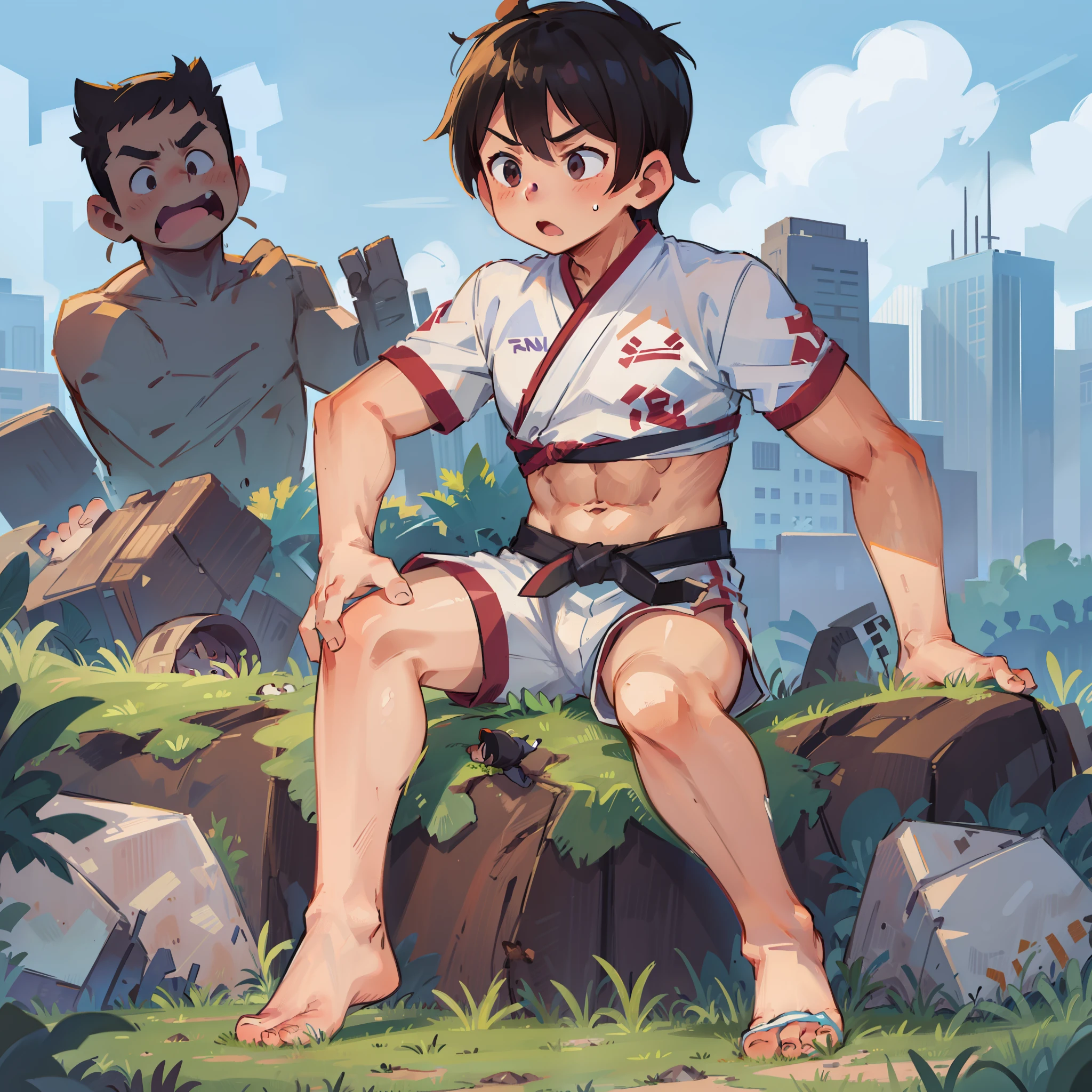 younge boy,Barefoot,Abs,adolable,musculature,A dark-haired,Martial arts uniform,Sit on the lawn,Boy,Cute boy,bare-legged,shortpants,Muscles are strong,Healthy Boy,chest muscle