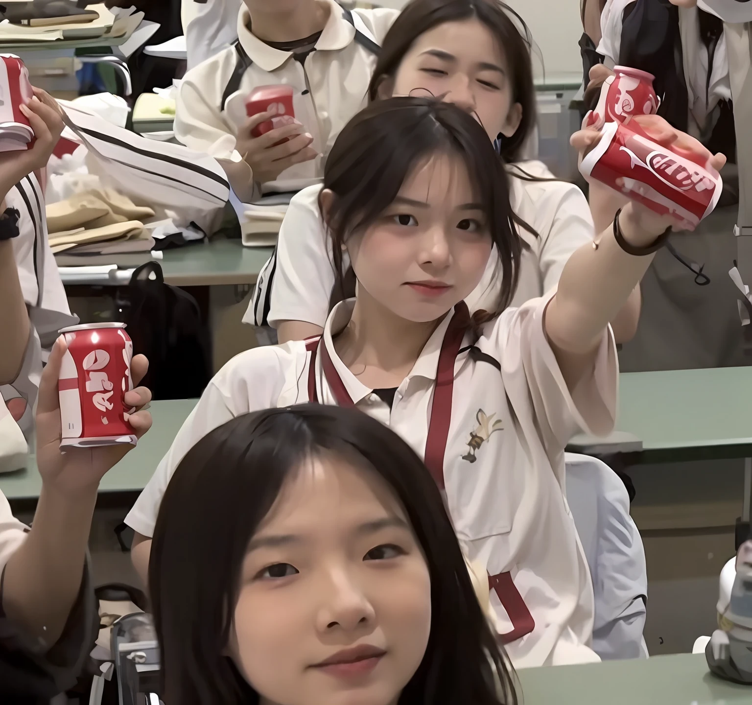 A group of Arafelds sat in the classroom,A can of soda in his hand, drinking a bottle of coca-cola, Japan High School, holding a can of beer, standing in class, soda themed girl, soda cans, cans, wearing a Japanese school uniform, author:Wang yi, 8k selfie photograph, pupils, yanjun cheng, sakimi chan