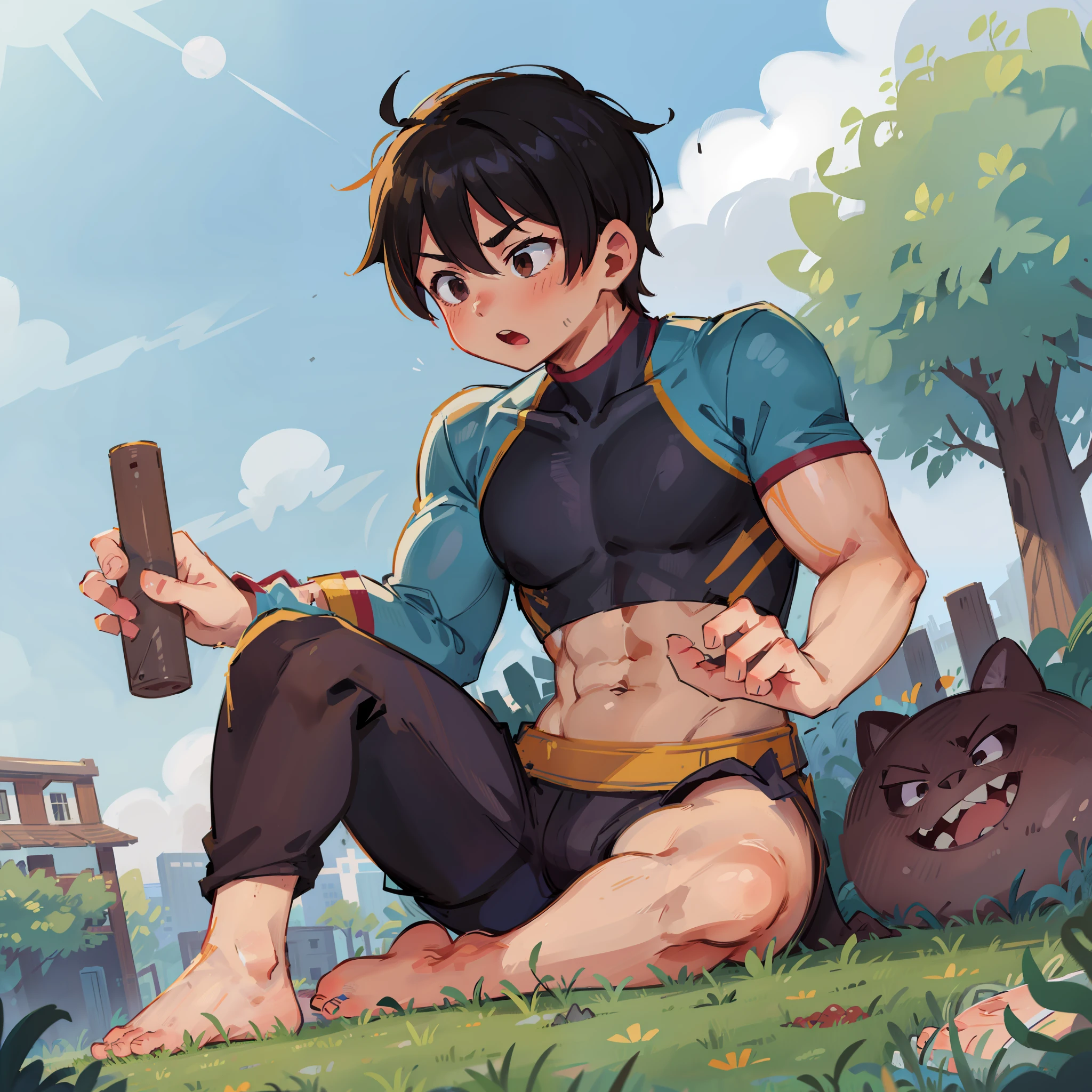 younge boy,Barefoot,Abs,adolable,musculature,A dark-haired,Martial arts uniform,Sit on the lawn,Boy,Cute boy,bare-legged,shortpants,Muscles are strong,Healthy Boy,chest muscle
