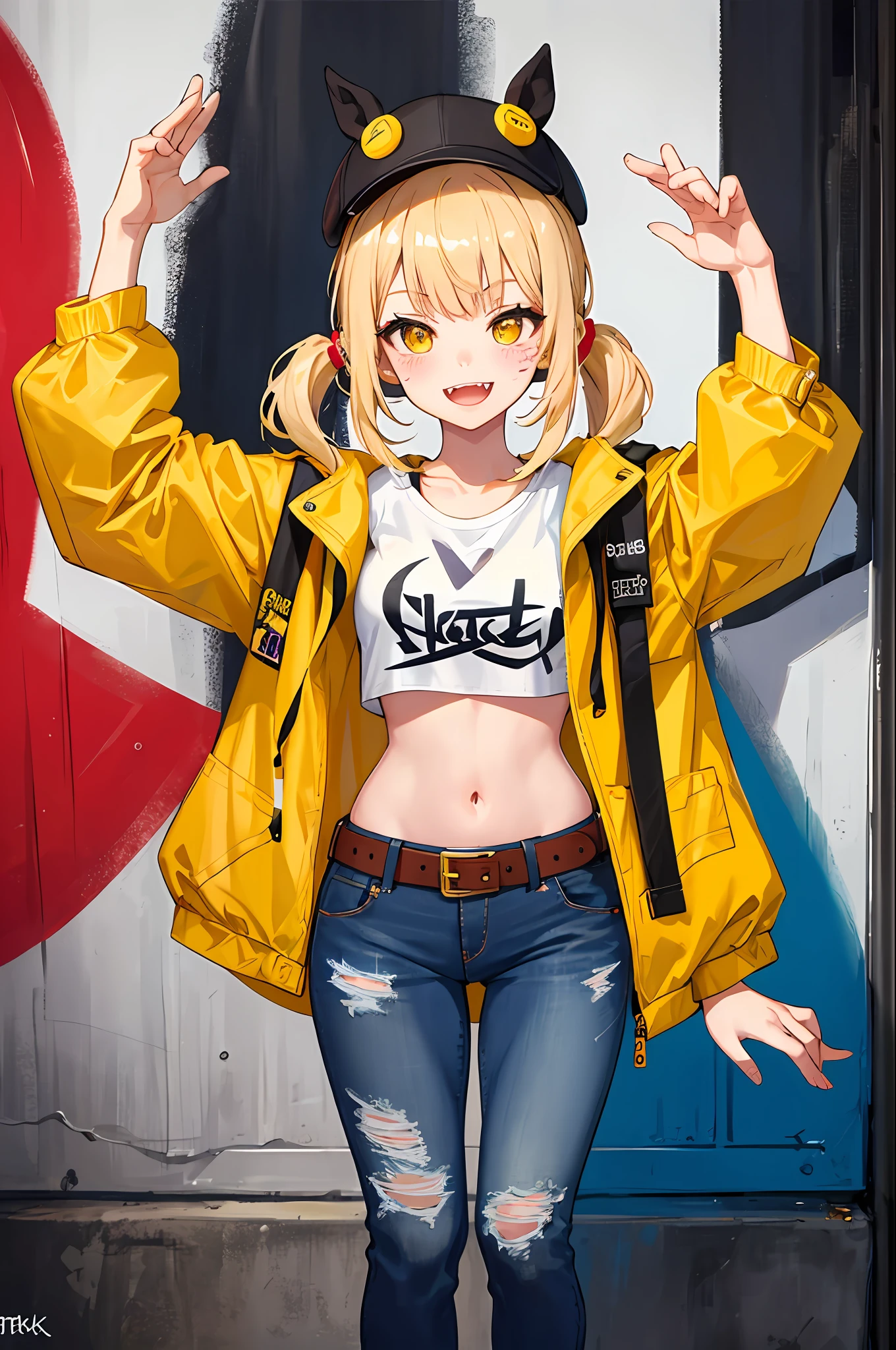 Original Character, Volumetric Lighting, Best Shadows, Shallow Depth of Field, Portrait Of Stunningly Beautiful Girl, Petite, Delicate Beautiful Attractive Face With Alluring Yellow Eyes, Messy Painted Face, Sharp Eyebrows, Broadly Smiling, Open Mouth, Fangs Out, Lovely Medium Breasts, Layered Long Twintail Blond Hair, Blush Eyeshadow, Thick Eyelashes, Applejack Hat, Oversized Pop Jacket, Mini Underboob Tee, Open Navel, Slim Waist, Denim Jeans Pants, With Buckle Belt, In The Graffiti Alley, Waste Container, Outside Stairs, Outdoor Unit, Holding Spray Paint Can, Standing, (Highest Quality, Amazing Details:1.25), (Solo:1.3), Brilliant Colorful Paintings