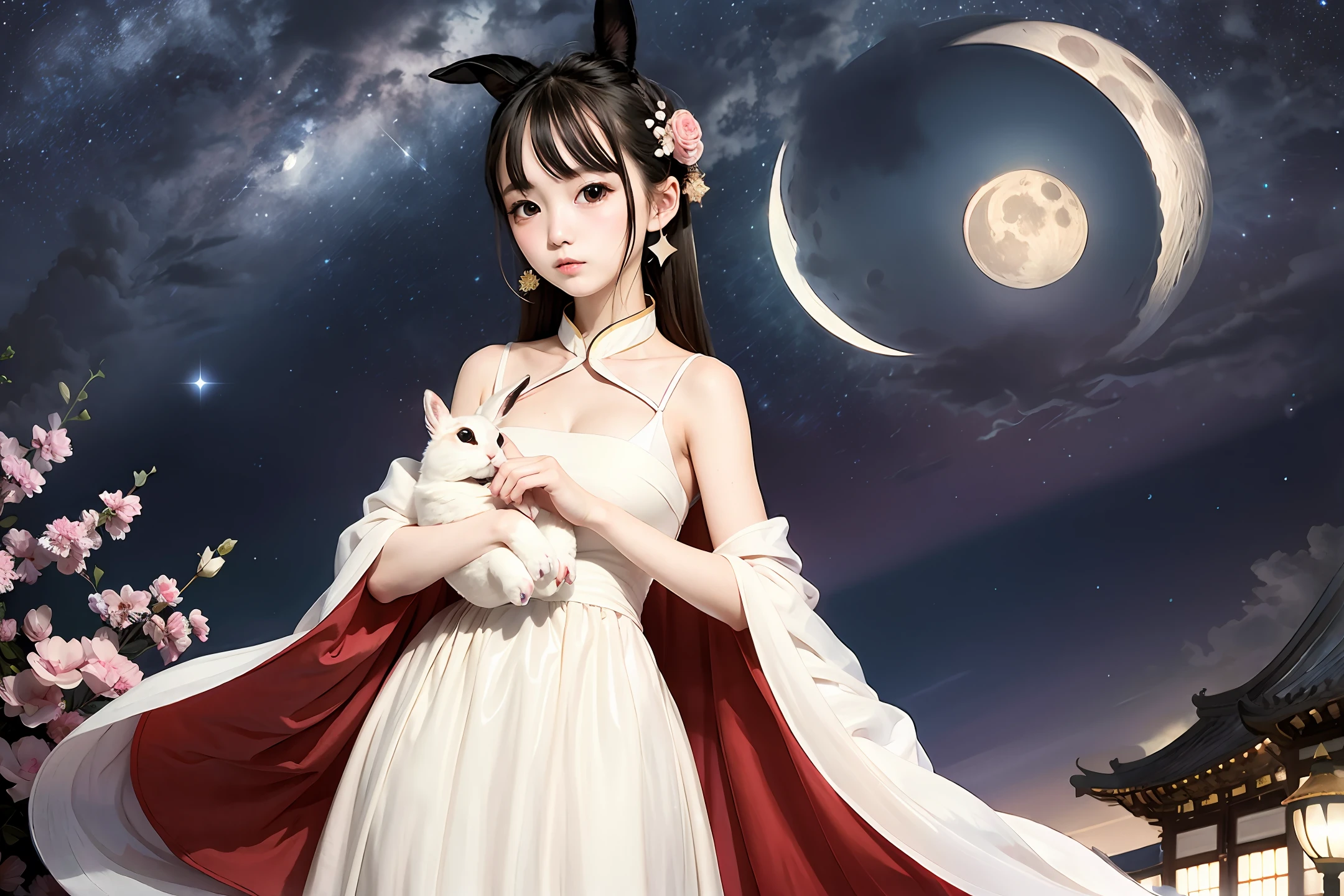 Girl in white gauze dress、China-style、Starry sky moon background、Holding a rabbit in his arms