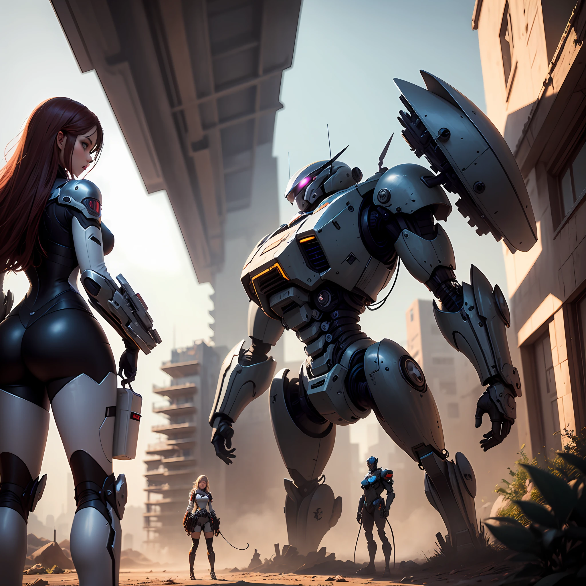 The mech stands in front of the girl --auto