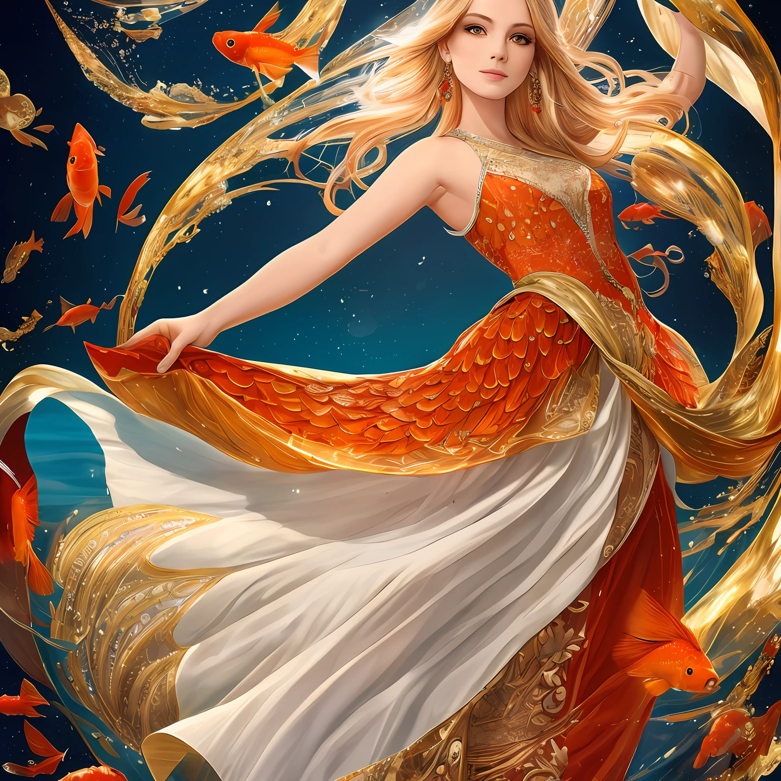 The image depicts a beautiful and vibrant goldfish with its tail transformed into a flowing, elegant skirt. The scales of the goldfish shimmer in various shades of gold, orange, and red, creating a stunning visual effect. The skirt extends from the goldfish's waist, cascading down in delicate layers of translucent fabric that mimic the graceful movement of water. The intricate patterns and details on the skirt resemble the intricate patterns found on the scales of a goldfish. The overall composition exudes a sense of whimsy and enchantment, blending the natural beauty of the goldfish with the elegance of a flowing gown. --auto