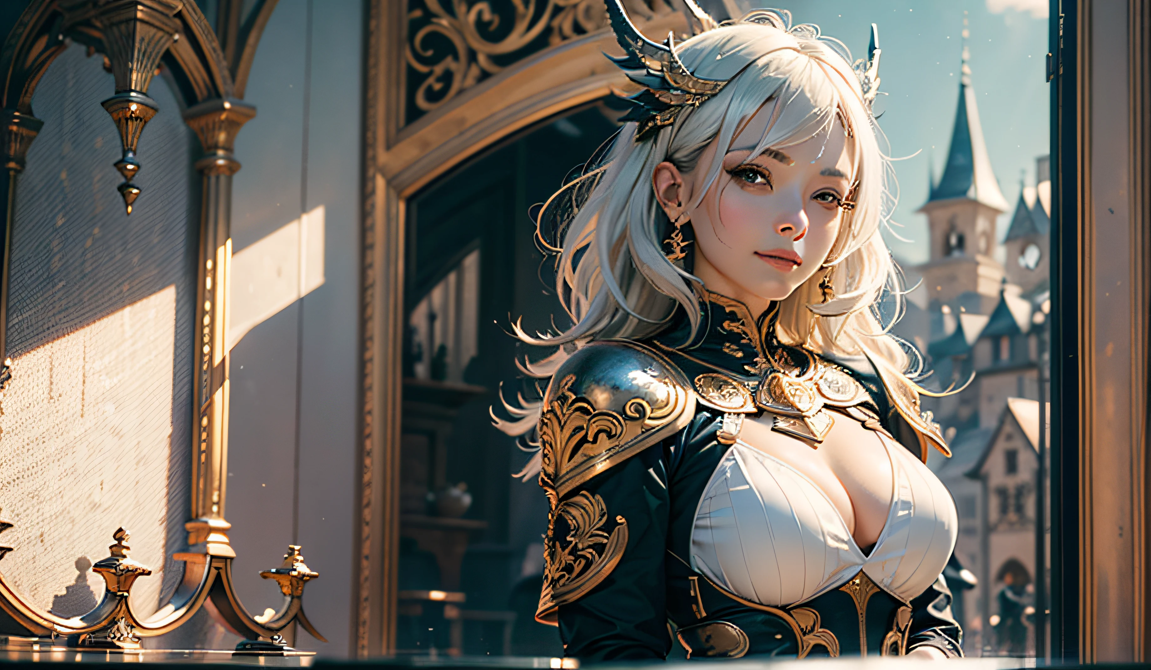 fullllbody、White-haired、(dragoon: 1.2)、Brantovan、​masterpiece、beste-Qualit、offcial art、Highly elaborate CG Unity 8K wallpapers、For girls、The ultra-Highres、(Hphotorealistic:1.4)、Golden Hour Lighting、Medieval armor、(Upper body body)、(Platinum Shorthair:0.8)、(Puffy eyes)、Look at viewers、Front-facing、mideum breasts、Gentle smile、shirts lift、Medieval castle scenery