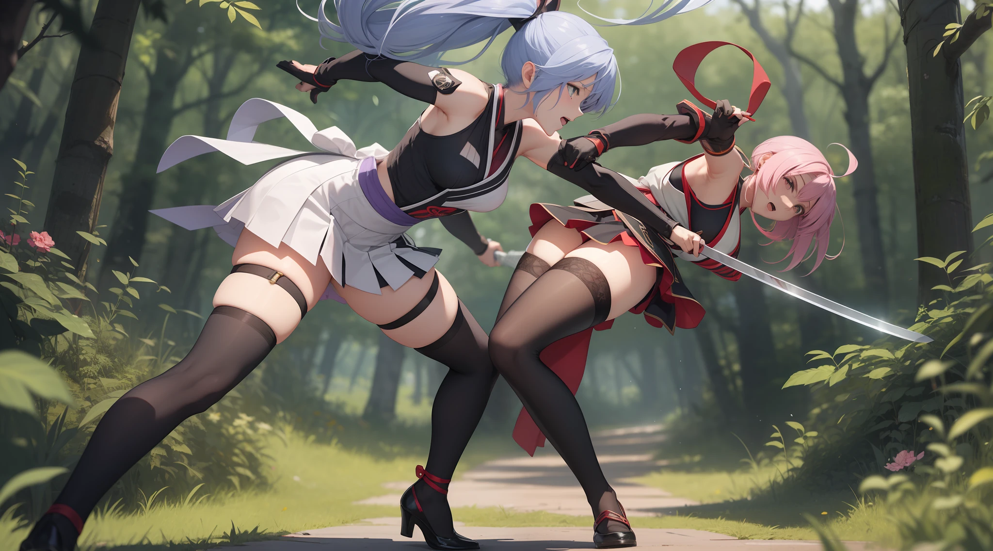 Full body shot of fighting between two female character from Dead or Alive game. Kasumi versus Ayane, 1 versus 1. They are fighting in a fierce duel death match with short swords weapon, with serious expression. They have long loose hairstyle and, small thighs, and slender legs. They are wearing different color of traditional sleeveless kimono, a pair of thin long black elbow gloves, proper skirt with no slit, an obi tied on back hip. Both of them are wearing a pair of black thigh highs and black shoes. Background set in a lush forest.