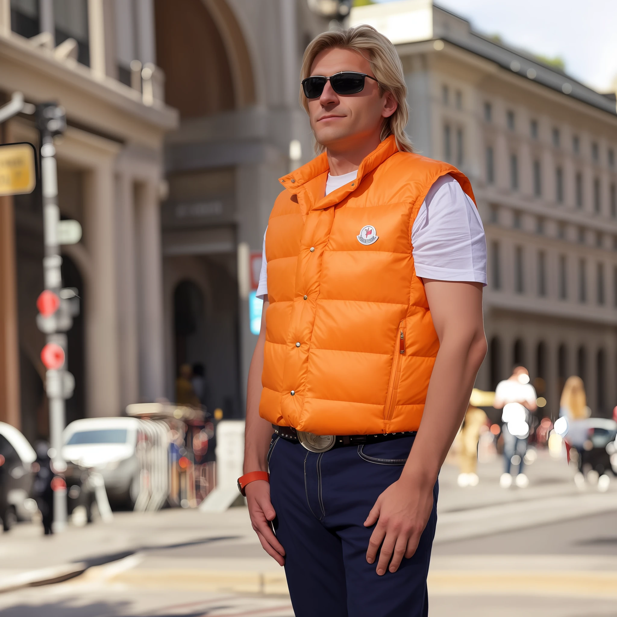 there is a man standing on the street wearing an orange vest, wearing a vest, one man is blond, wearing a red gilet, inspired by Karl Pümpin, inspired by Alberto Sughi, highly fashionable, inspired by Christo, humans of new york style, norwegian man, christophe szpajdel, 3 4 5 3 1