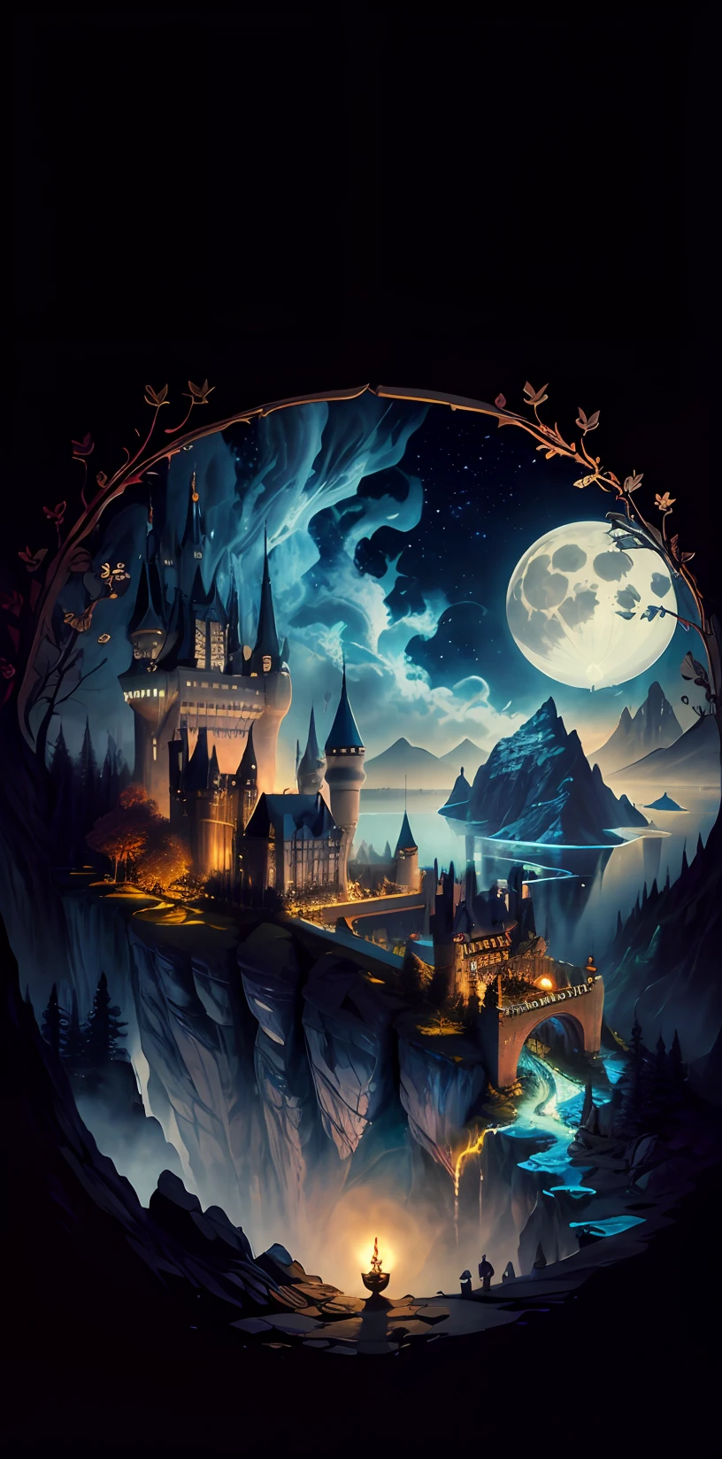 A castle poster with a full moon in the background, viewed from a cave, with a solid black background above and below. Close view with lake with reflection, detailed drawing inspired by gaston bussiere, shutterstock, fantasy art, enchanted castle, enchanted background, art of harry potter, highly detailed magical fantasy, scary castle)). mystical, background hogwarts, hogwarts setting, magic castle school on the hill, fairytale painting, magical composition, night scene
