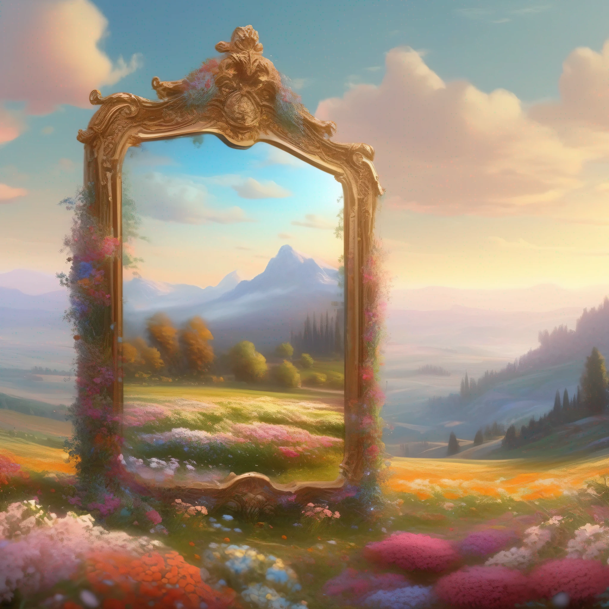 A big beautiful mirror in a flower field,Beautiful art UHD 4 K, Detailed scenery —width 672, author:Franz Hergi, scenery art detailed, 8K high quality detailed art, 4k highly detailed digital art, beautiful high resolution, 4 k matte thomas kinkade