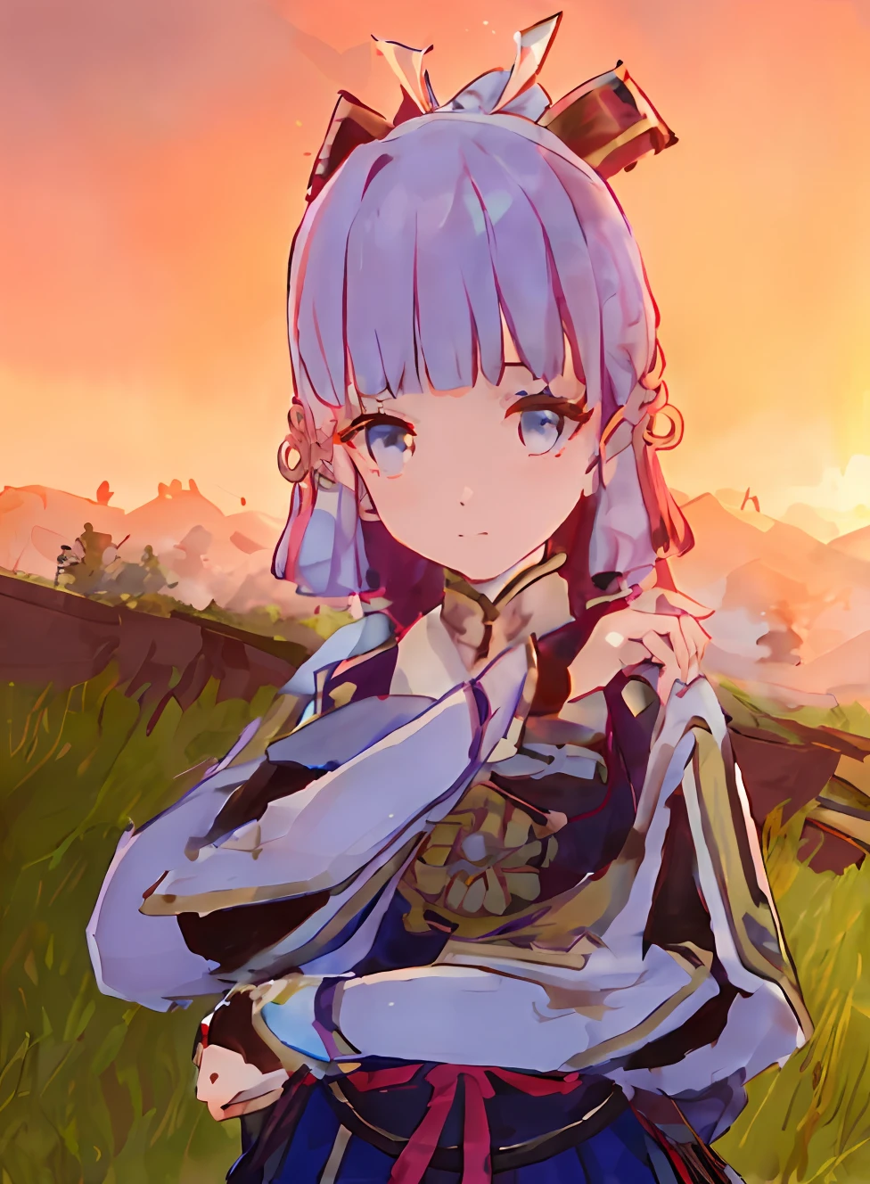 "tmasterpiece，highest-quality，wuxia风1girl，From game characters：Ayaka Kamisato，Pale blue hair，Finished with silver-toned trims，Show elegant movements，Standing above a wide valley。"